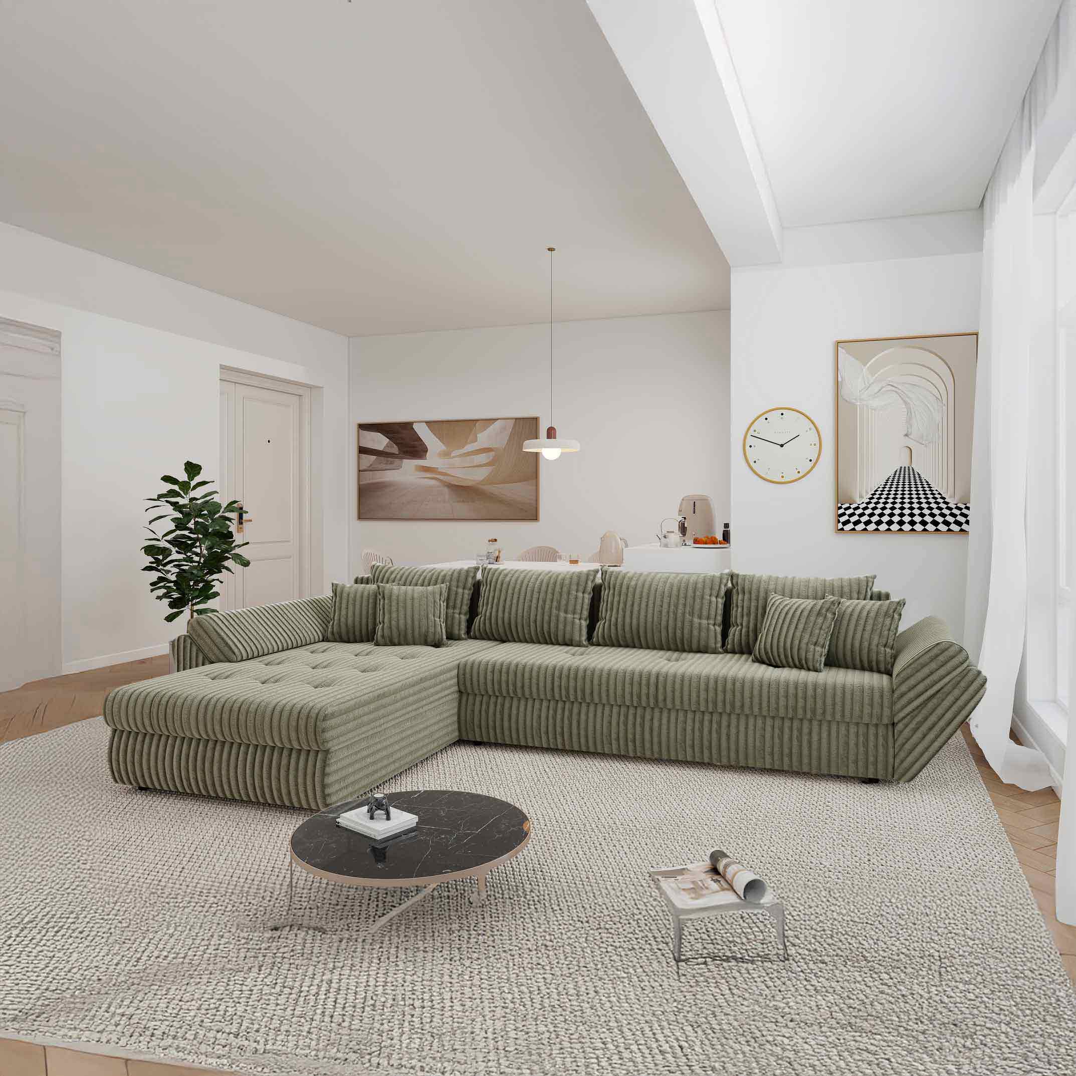Colțar extensibil dumonde cu ladă de depozitare si sezut confortabil din spuma high-density, Loana XL Tilia Verde Olive 335x185 cm
