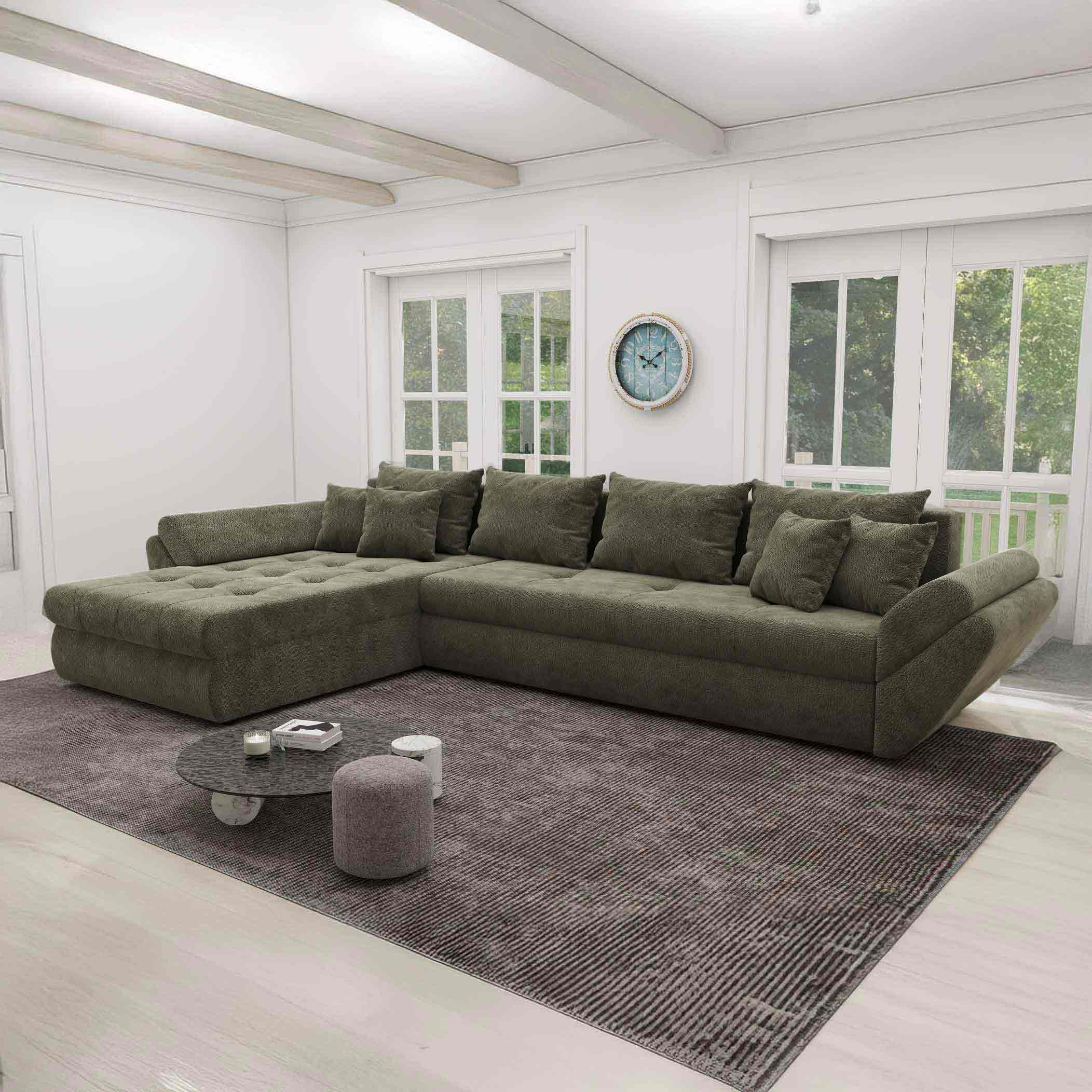 Colțar extensibil dumonde cu ladă de depozitare si sezut confortabil din spuma high-density, Loana XL Vibe Olive 335x185 cm