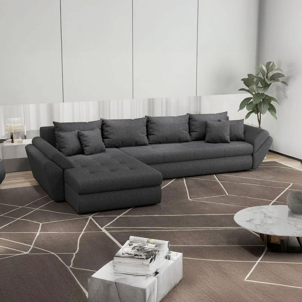 Colțar extensibil dumonde cu ladă de depozitare si sezut confortabil din spuma HR, Loana XL Enjoy Grafit 335x185 cm Fabrica