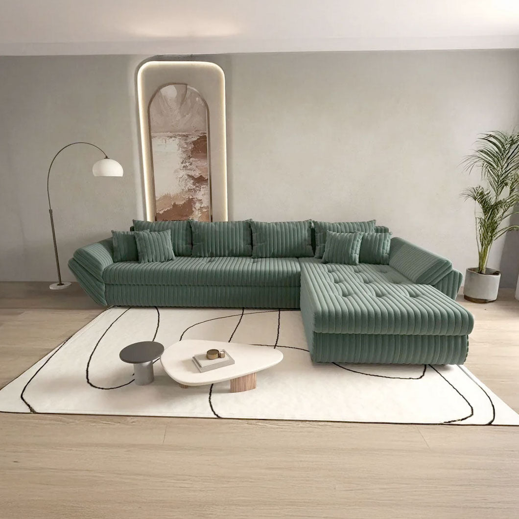 Colțar extensibil dumonde cu ladă de depozitare si sezut confortabil din spuma HR, Loana XL Ambience Verde II 335x185 cm Fabrica
