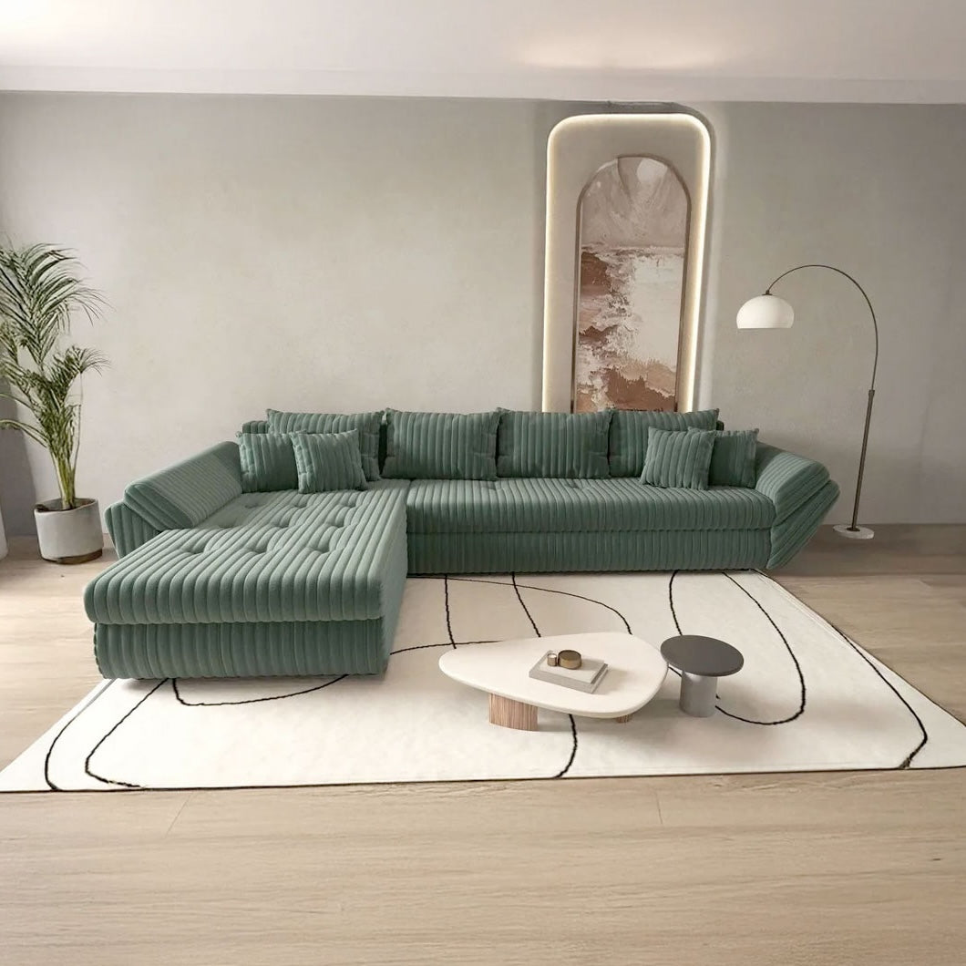 Colțar extensibil dumonde cu ladă de depozitare si sezut confortabil din spuma HR, Loana XL Ambience Verde 335x185 cm