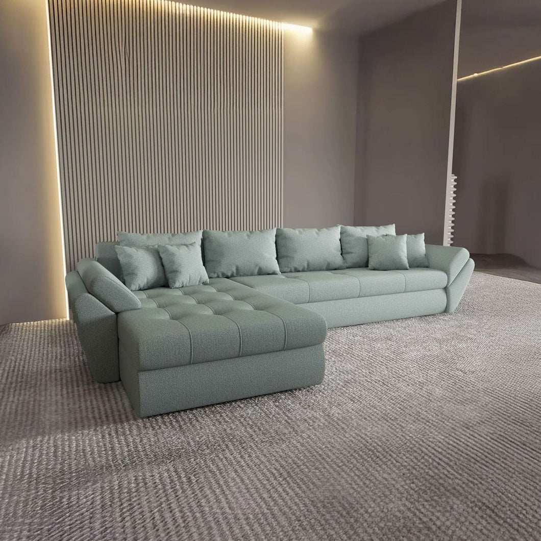 Colțar extensibil dumonde cu ladă de depozitare si sezut confortabil din spuma HR, Loana XL Enjoy Mint 335x185 cm Fabrica