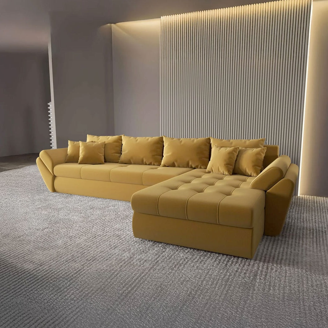 Colțar extensibil dumonde cu ladă de depozitare si sezut confortabil din spuma HR, Loana XL Royal Mustar II 335x185 cm Fabrica