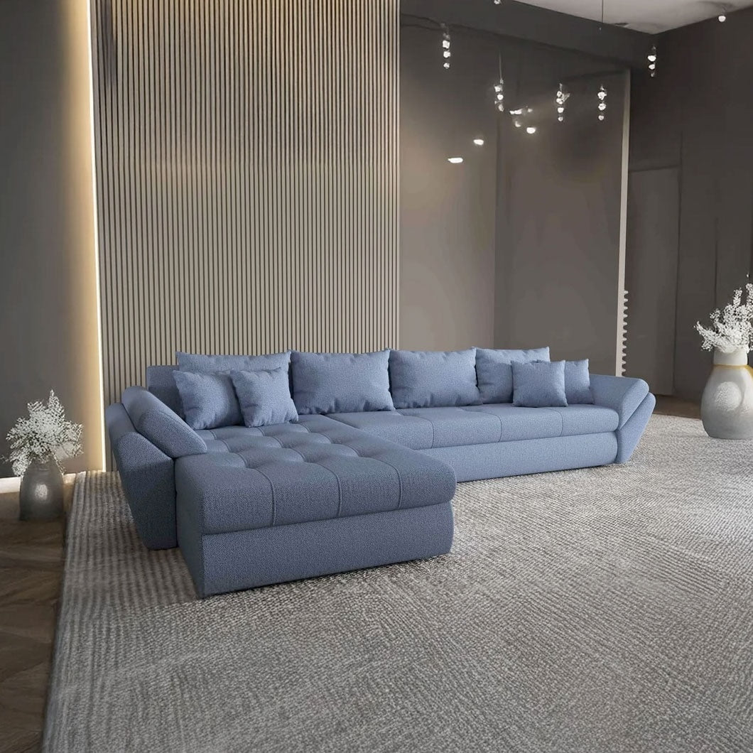 Colțar extensibil dumonde cu ladă de depozitare si sezut confortabil din spuma HR, Loana XL Enjoy Albastru 335x185 cm Fabrica