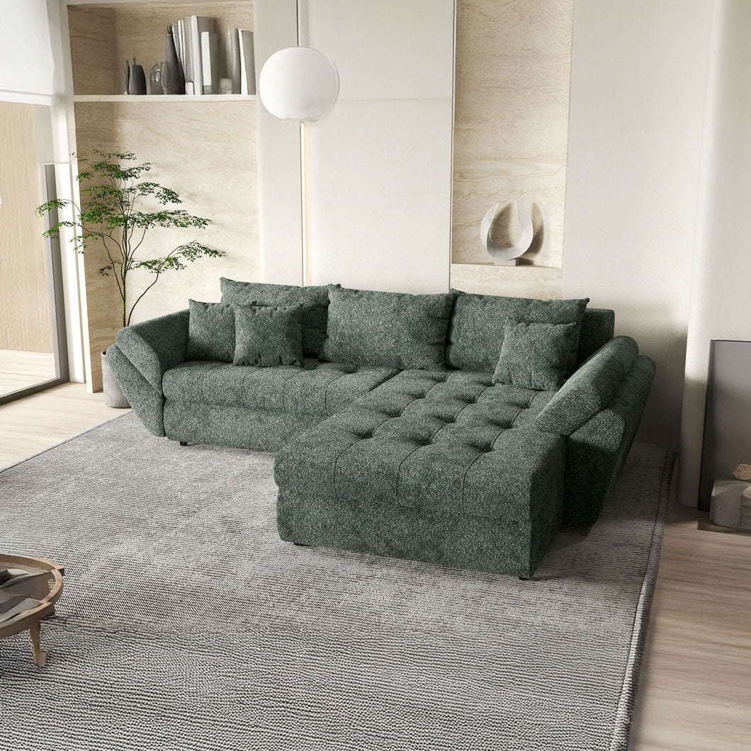 Colțar extensibil dumonde cu ladă de depozitare si sezut confortabil din spuma HR, Loana Euphoria Green II 270x185 cm