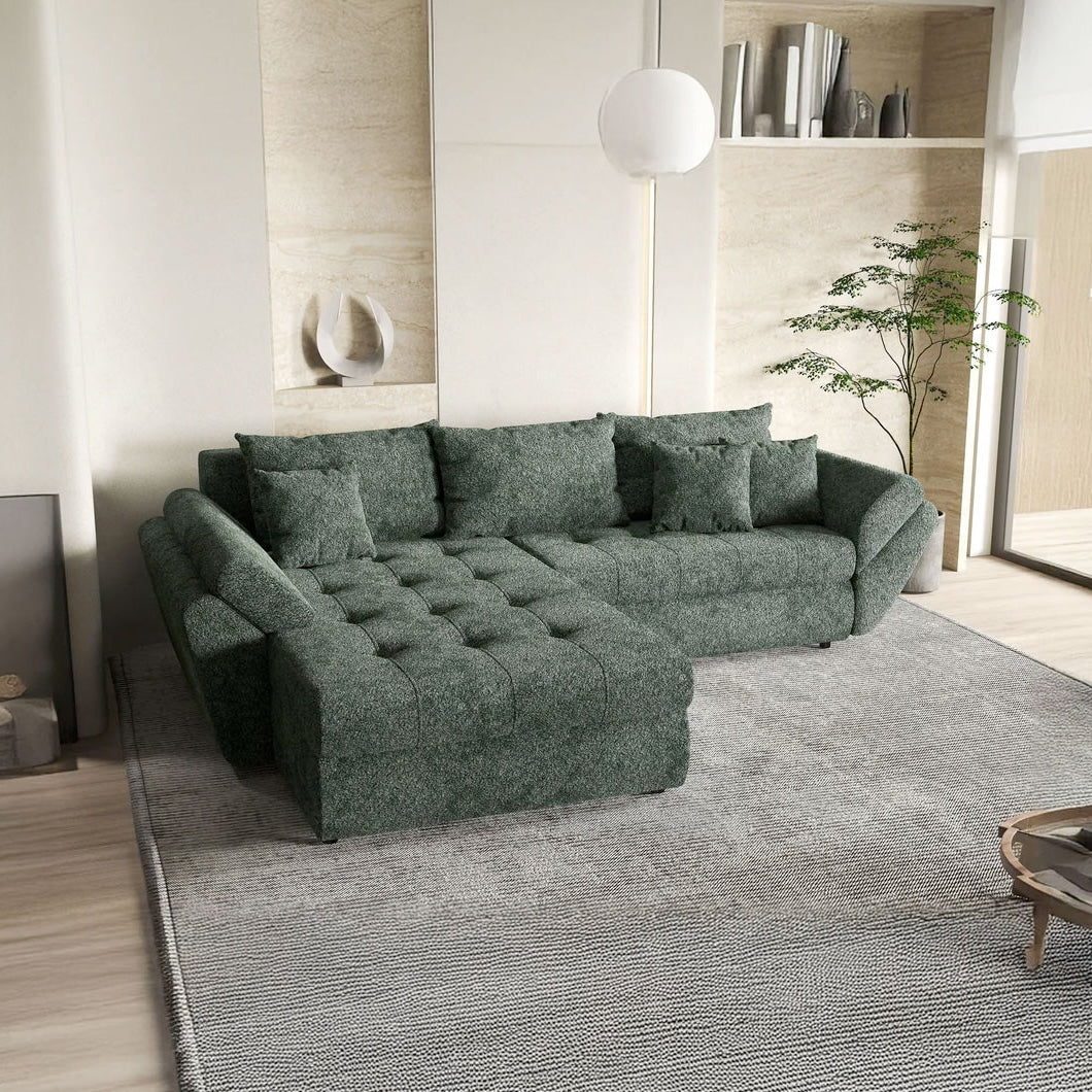Colțar extensibil dumonde cu ladă de depozitare si sezut confortabil din spuma HR, Loana Euphoria Green 270x185 cm