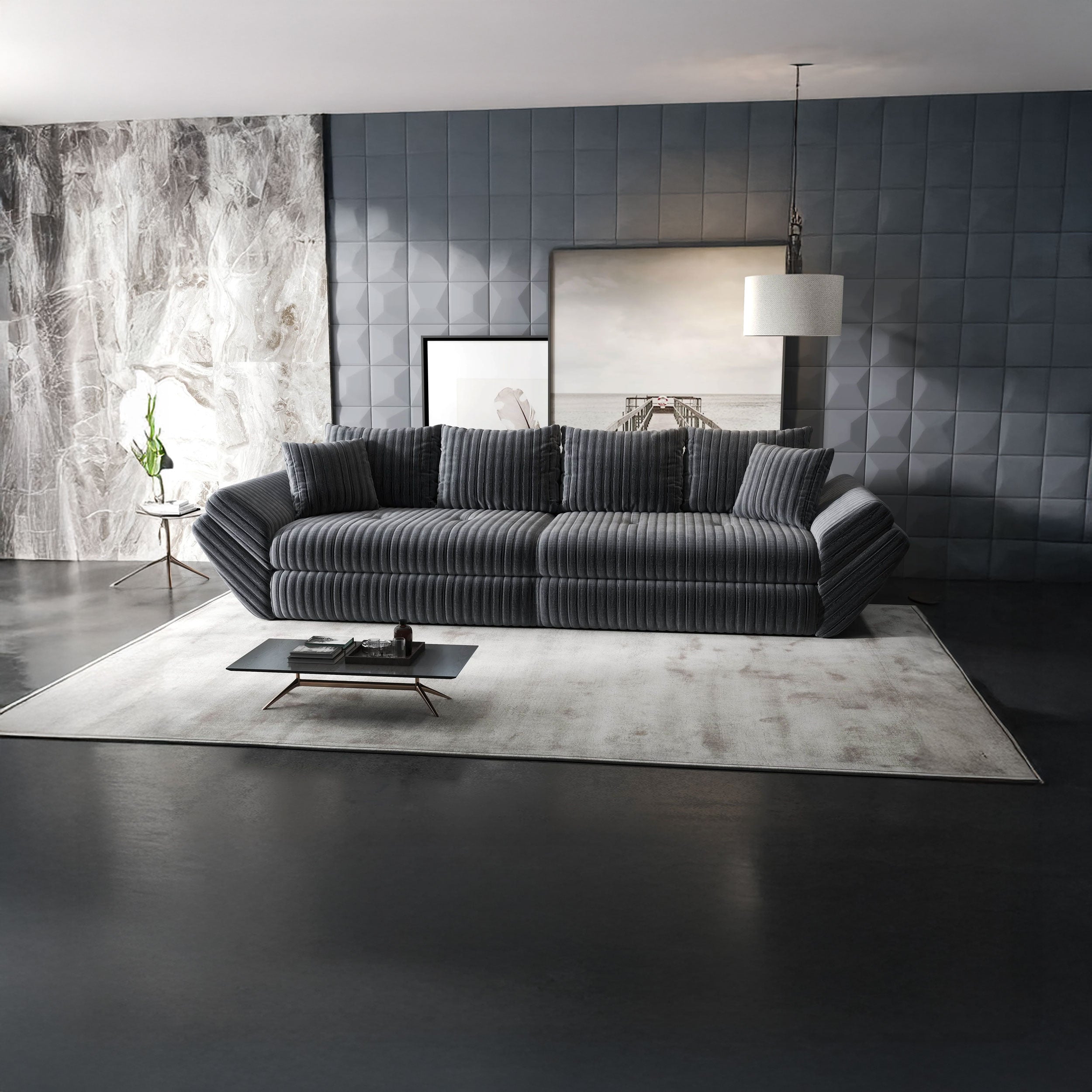 Canapea extensibilă dumonde cu ladă de depozitare si sezut confortabil din spuma HR, Loana Ambience Gri 300x100 cm Fabrica