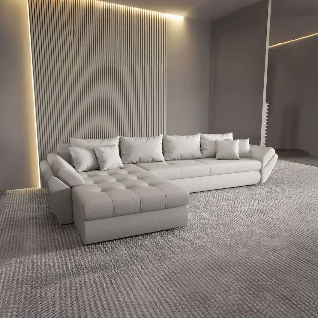 Colțar extensibil dumonde cu ladă de depozitare si sezut confortabil din spuma HR, Loana XL Enjoy Beige 335x185 cm Fabrica