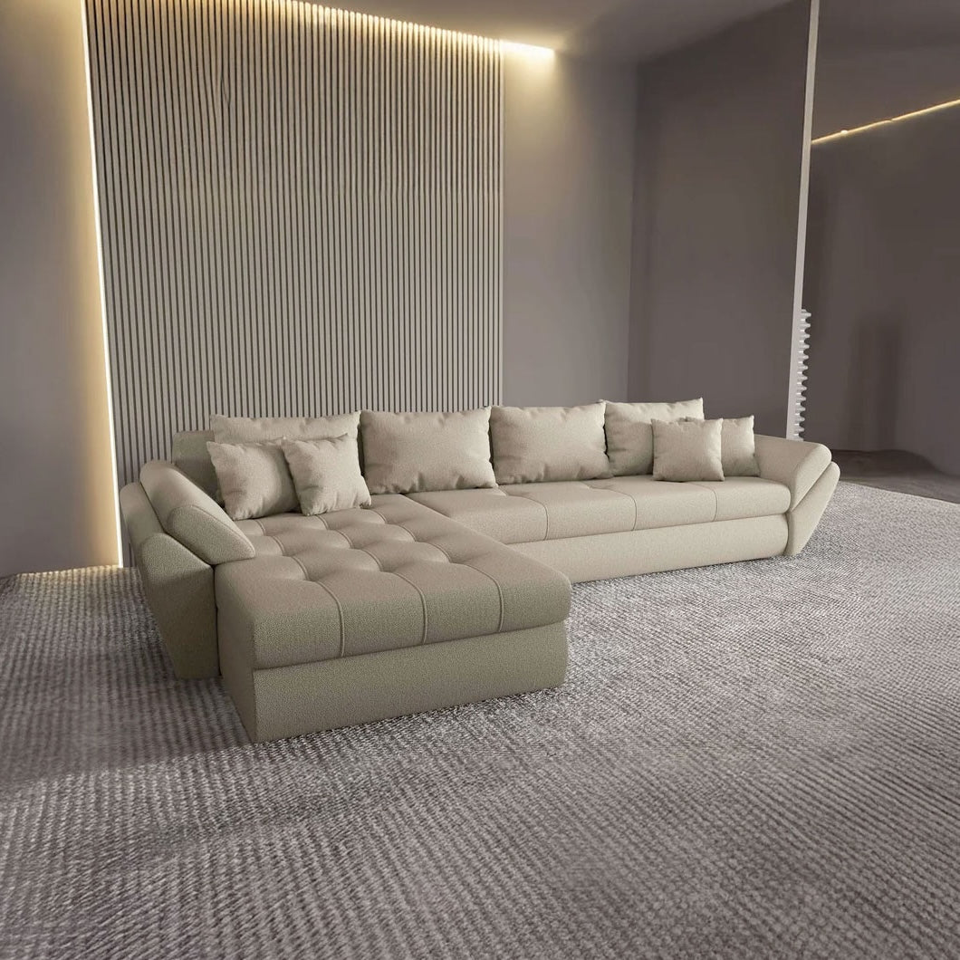 Colțar extensibil dumonde cu ladă de depozitare si sezut confortabil din spuma HR, Loana XL Enjoy Camel 335x185 cm Fabrica