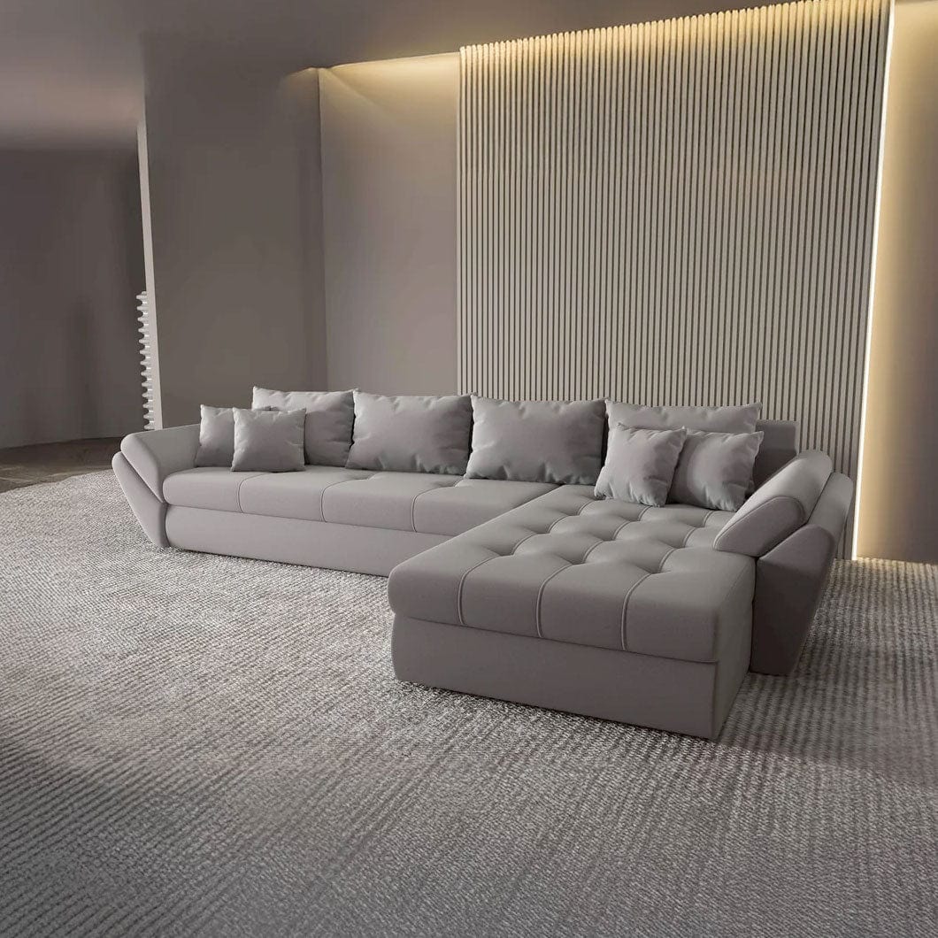 Colțar extensibil dumonde cu ladă de depozitare si sezut confortabil din spuma HR, Loana XL Royal Gri II 335x185 cm Fabrica