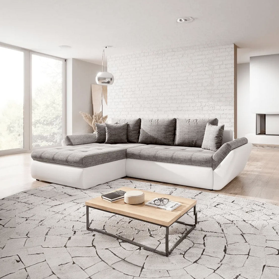 Colțar extensibil dumonde cu ladă de depozitare si sezut confortabil din spuma HR, Loana White II 275x185 cm