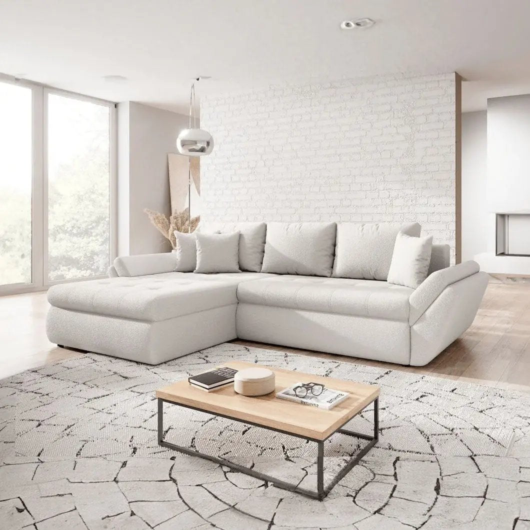 Colțar extensibil dumonde cu ladă de depozitare si sezut confortabil din spuma HR, Loana Euphoria Ivory 270x185 cm Fabrica