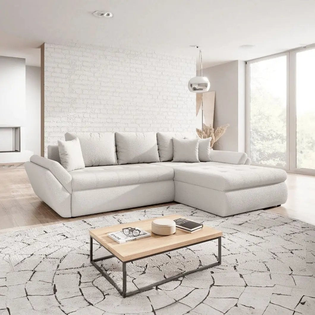 Colțar extensibil dumonde cu ladă de depozitare si sezut confortabil din spuma HR, Loana Euphoria Ivory II 270x185 cm Fabrica