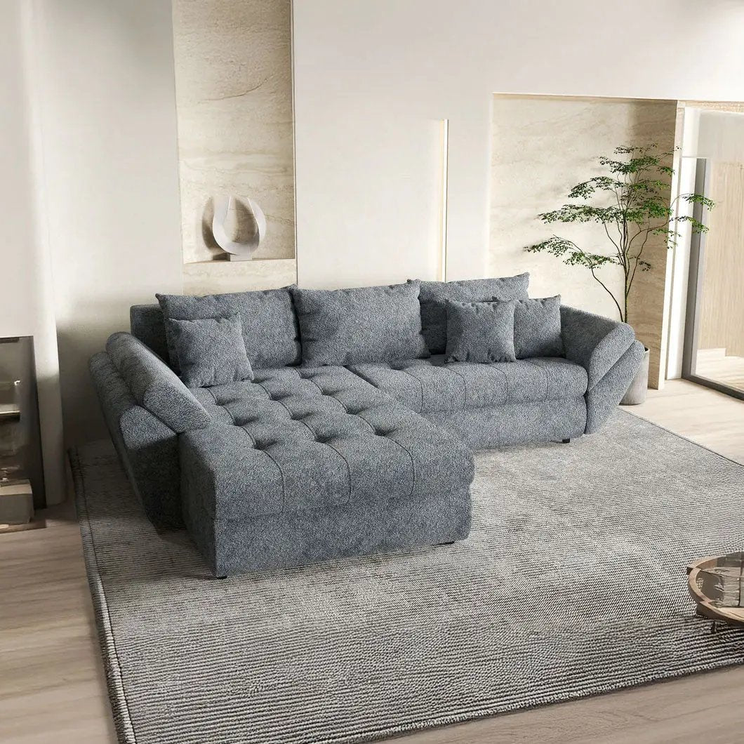 Colțar extensibil dumonde cu ladă de depozitare si sezut confortabil din spuma HR, Loana Euphoria Graphit 270x185 cm Fabrica