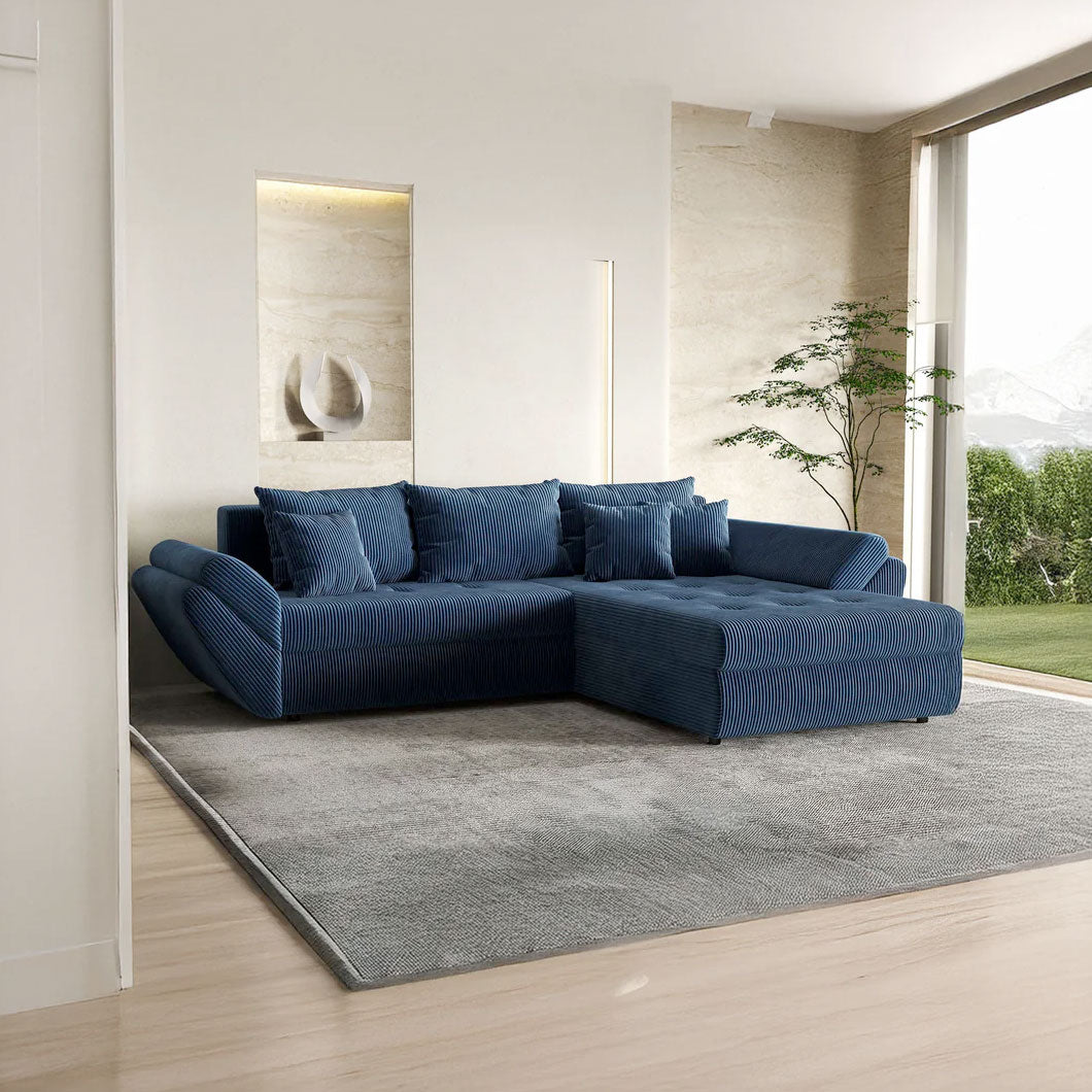 Colțar extensibil dumonde cu ladă de depozitare si sezut confortabil din spuma HR, Loana Zoom Blue II 270x185 cm Fabrica