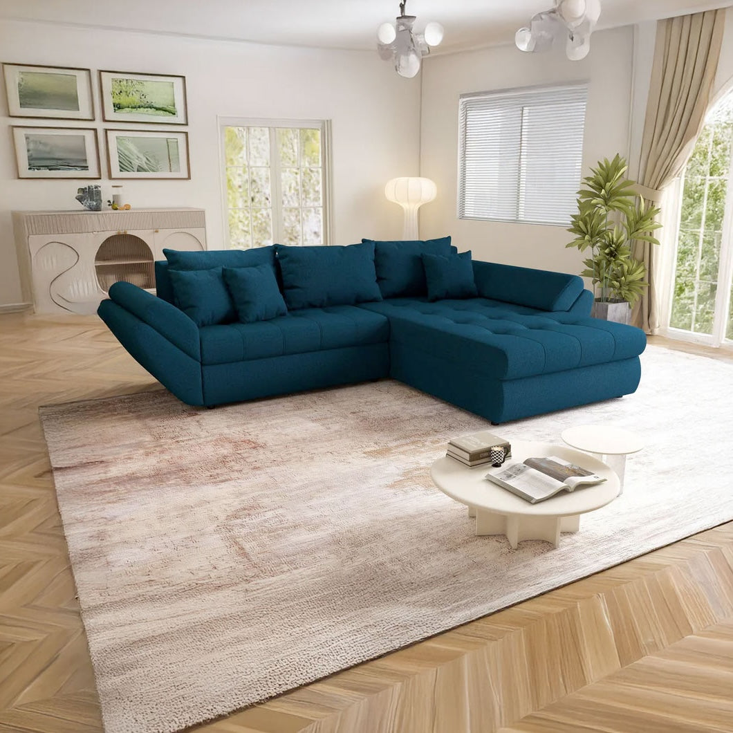 Colțar extensibil dumonde cu ladă de depozitare si sezut confortabil din spuma HR, Loana Enjoy Petrol II 270x185 cm Fabrica