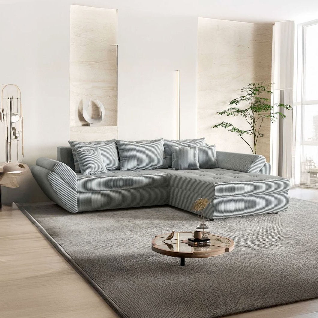 Colțar extensibil dumonde cu ladă de depozitare si sezut confortabil din spuma HR, Loana Zoom Grey II 270x185 cm Fabrica