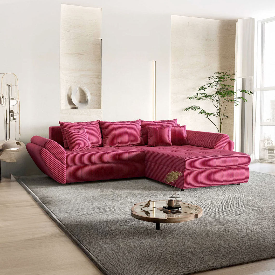 Colțar extensibil dumonde cu ladă de depozitare si sezut confortabil din spuma HR, Loana Zoom Red II 270x185 cm Fabrica