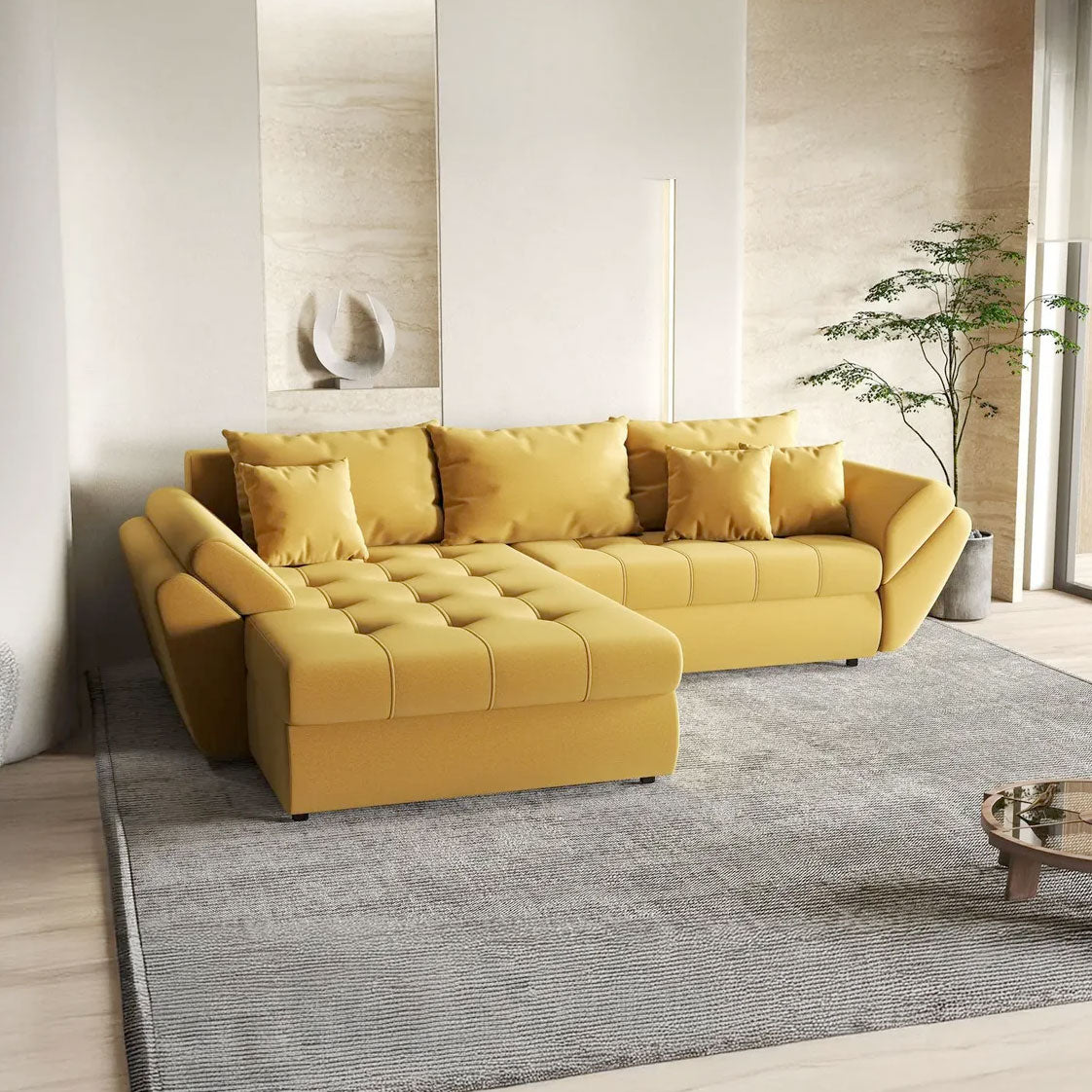 Colțar extensibil dumonde cu ladă de depozitare si sezut confortabil din spuma HR, Loana Royal Muștar 270x185 cm