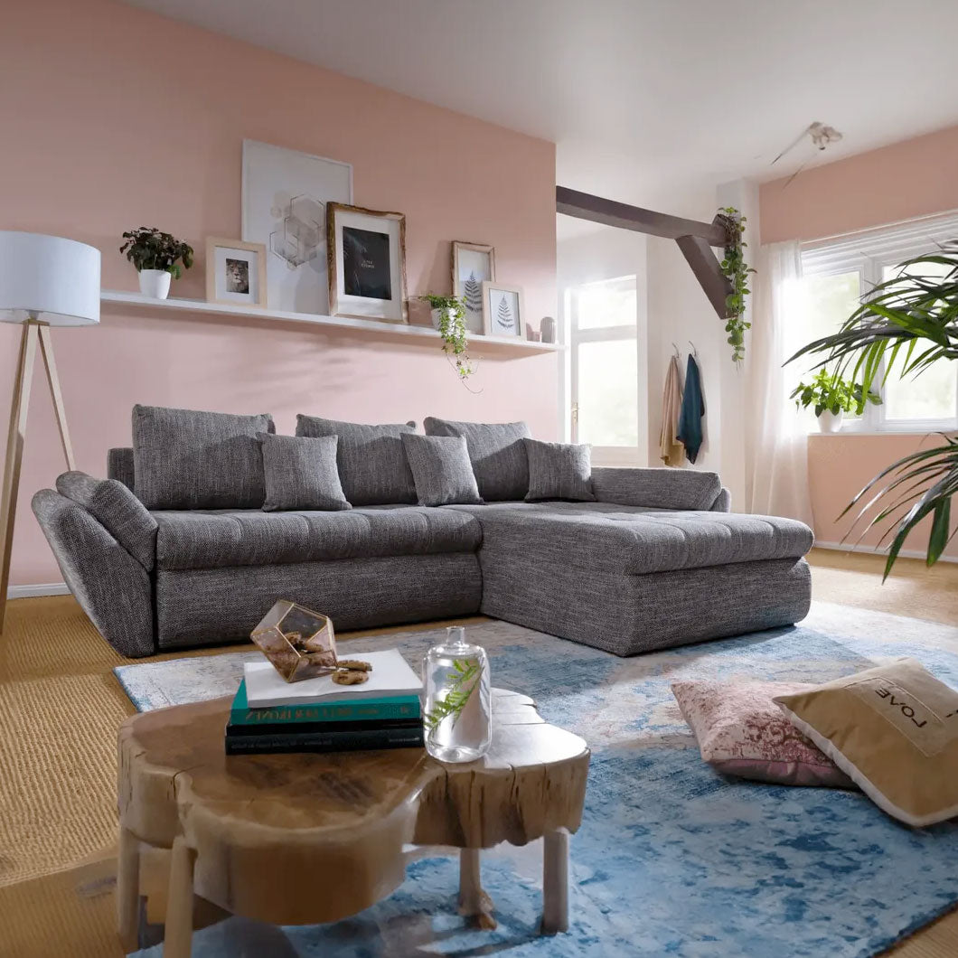 Colțar extensibil dumonde cu ladă de depozitare si sezut confortabil din spuma HR, Loana Grey Mat II 270x185 cm