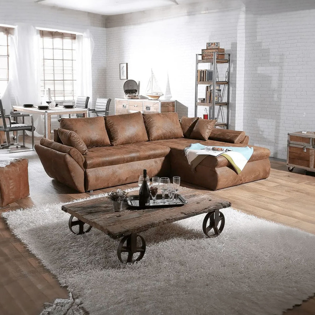 Colțar extensibil dumonde cu ladă de depozitare si sezut confortabil din spuma HR, Loana Brown 270x185 cm
