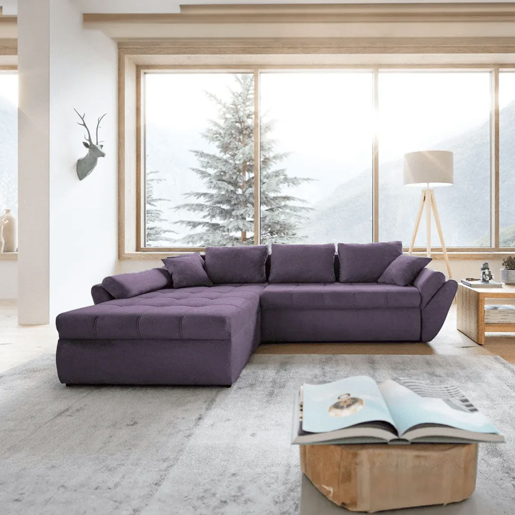 Colțar extensibil dumonde cu ladă de depozitare si sezut confortabil din spuma HR, Loana Enjoy Lila 270x185 cm