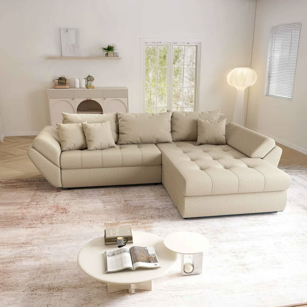 Colțar extensibil dumonde cu ladă de depozitare si sezut confortabil din spuma HR, Loana Enjoy Camel 270x185 cm