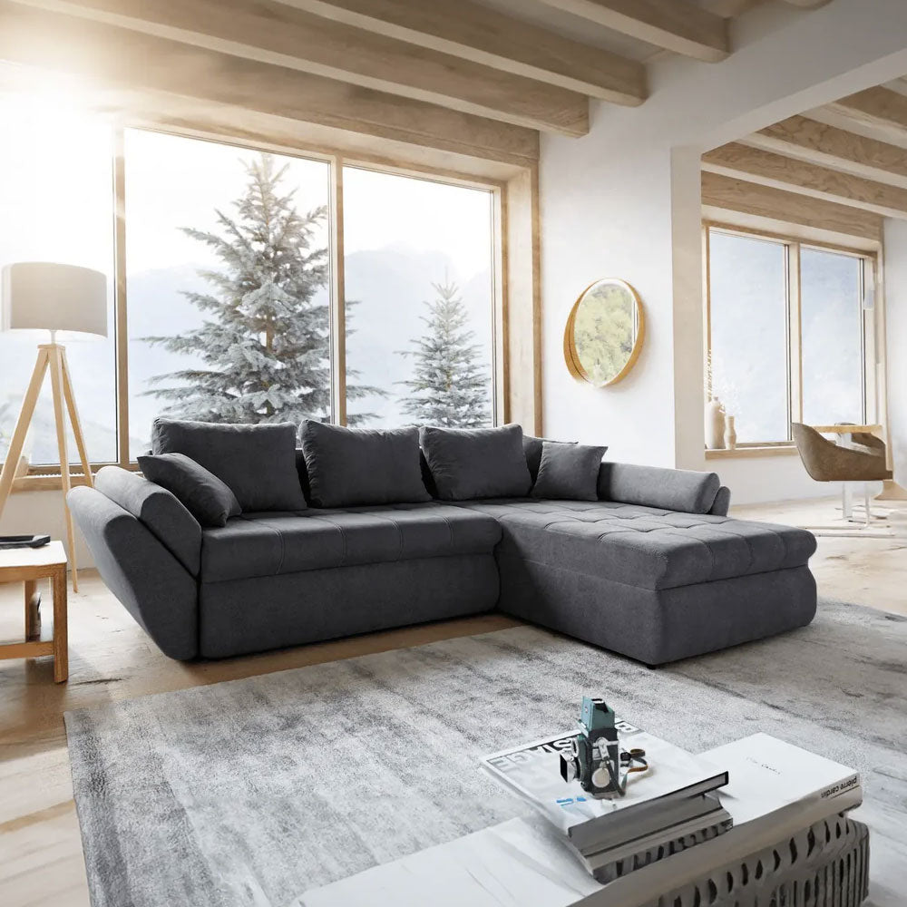 Colțar extensibil dumonde cu ladă de depozitare si sezut confortabil din spuma HR, Loana Enjoy Grafit II 270x185 cm