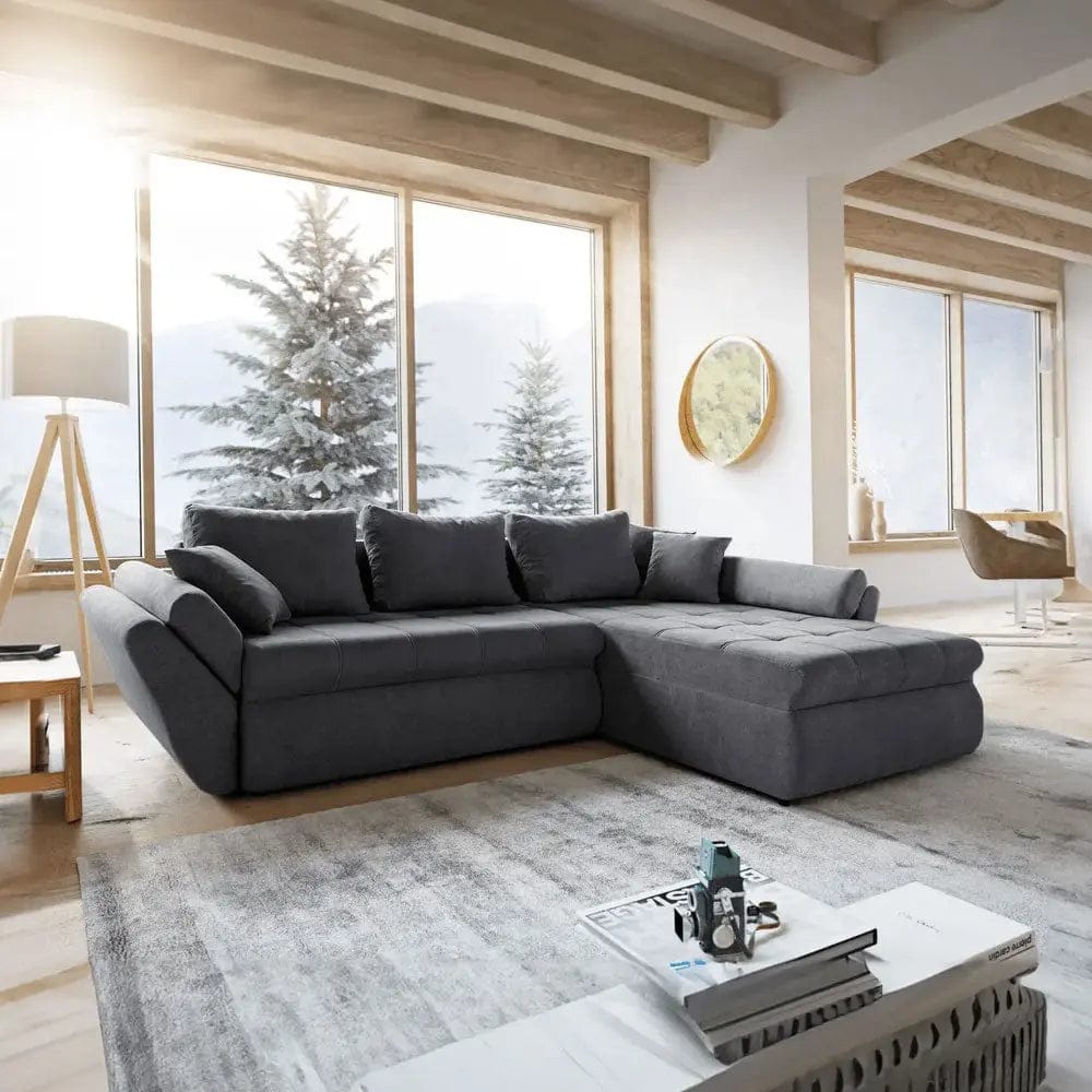 Colțar extensibil dumonde cu ladă de depozitare si sezut confortabil din spuma HR, Loana Enjoy Grafit II 270x185 cm Fabrica