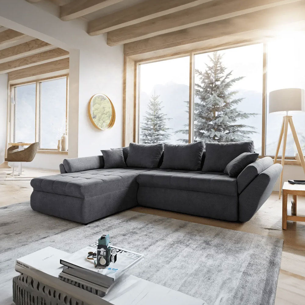 Colțar extensibil dumonde cu ladă de depozitare si sezut confortabil din spuma HR, Loana Enjoy Grafit 270x185 cm