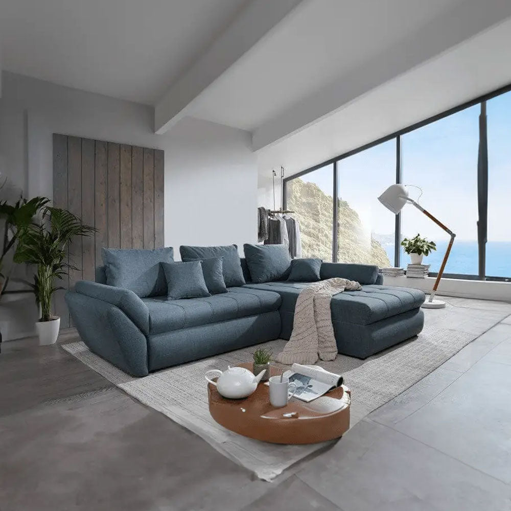 Colțar extensibil dumonde cu ladă de depozitare si sezut confortabil din spuma HR, Loana Enjoy Blue II 270x185 cm