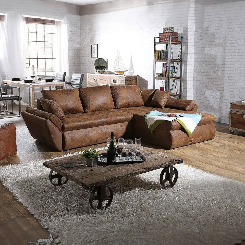 Colțar extensibil dumonde cu ladă de depozitare si sezut confortabil din spuma HR, Loana Brown 270x185 cm