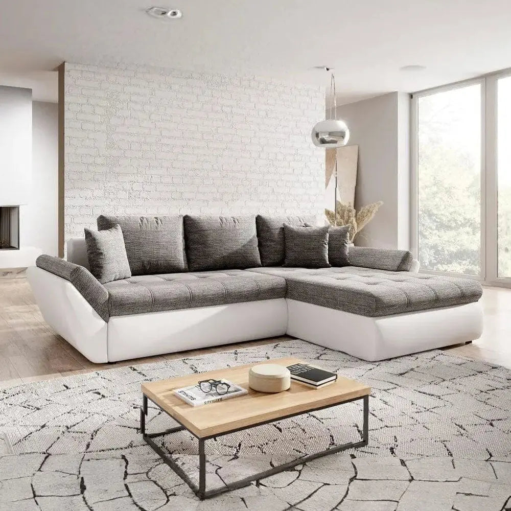 Colțar extensibil dumonde cu ladă de depozitare si sezut confortabil din spuma HR, Loana White 275x185 cm Fabrica