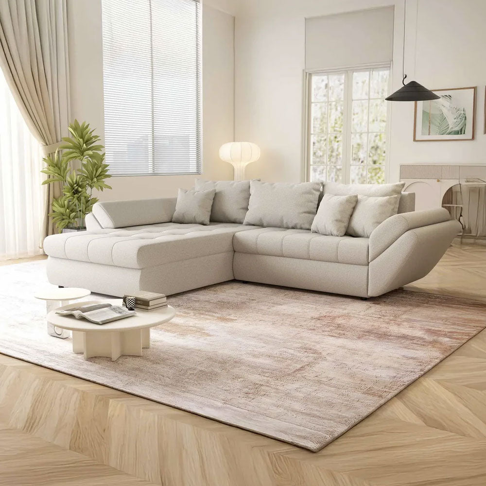 Colțar extensibil dumonde cu ladă de depozitare si sezut confortabil din spuma HR, Loana Enjoy Bej 270x185 cm