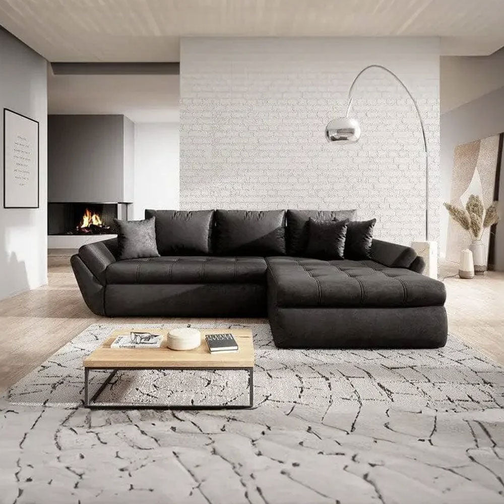Colțar extensibil dumonde cu ladă de depozitare si sezut confortabil din spuma HR, Loana Deep Black II 270x185 cm