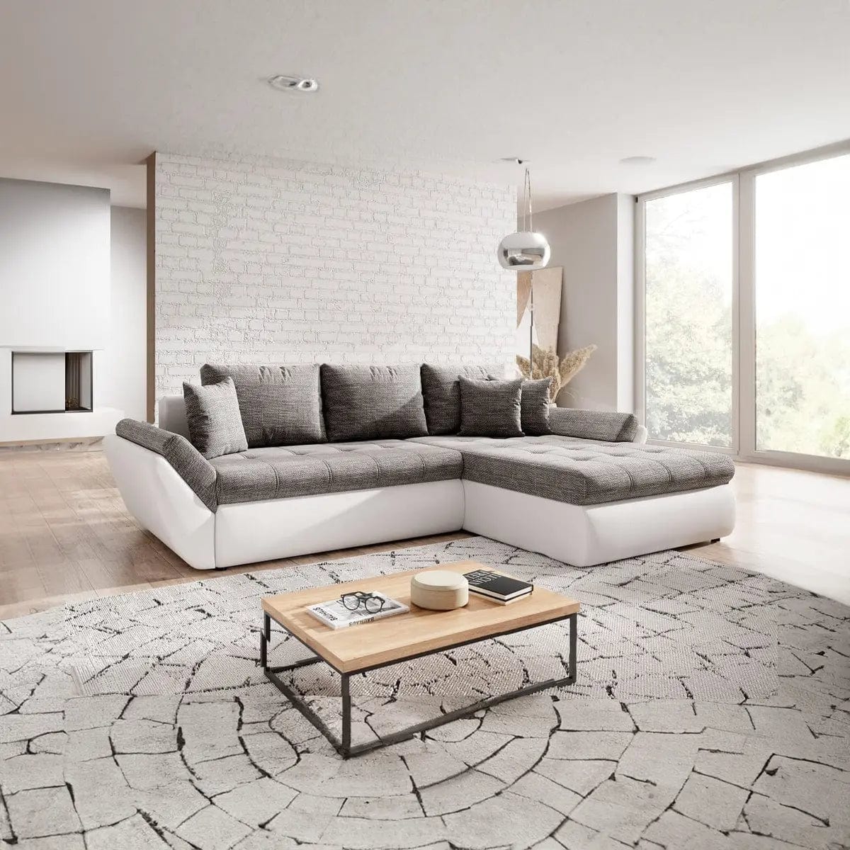 Colțar extensibil dumonde cu ladă de depozitare si sezut confortabil din spuma HR, Loana Magma White 275x185 cm