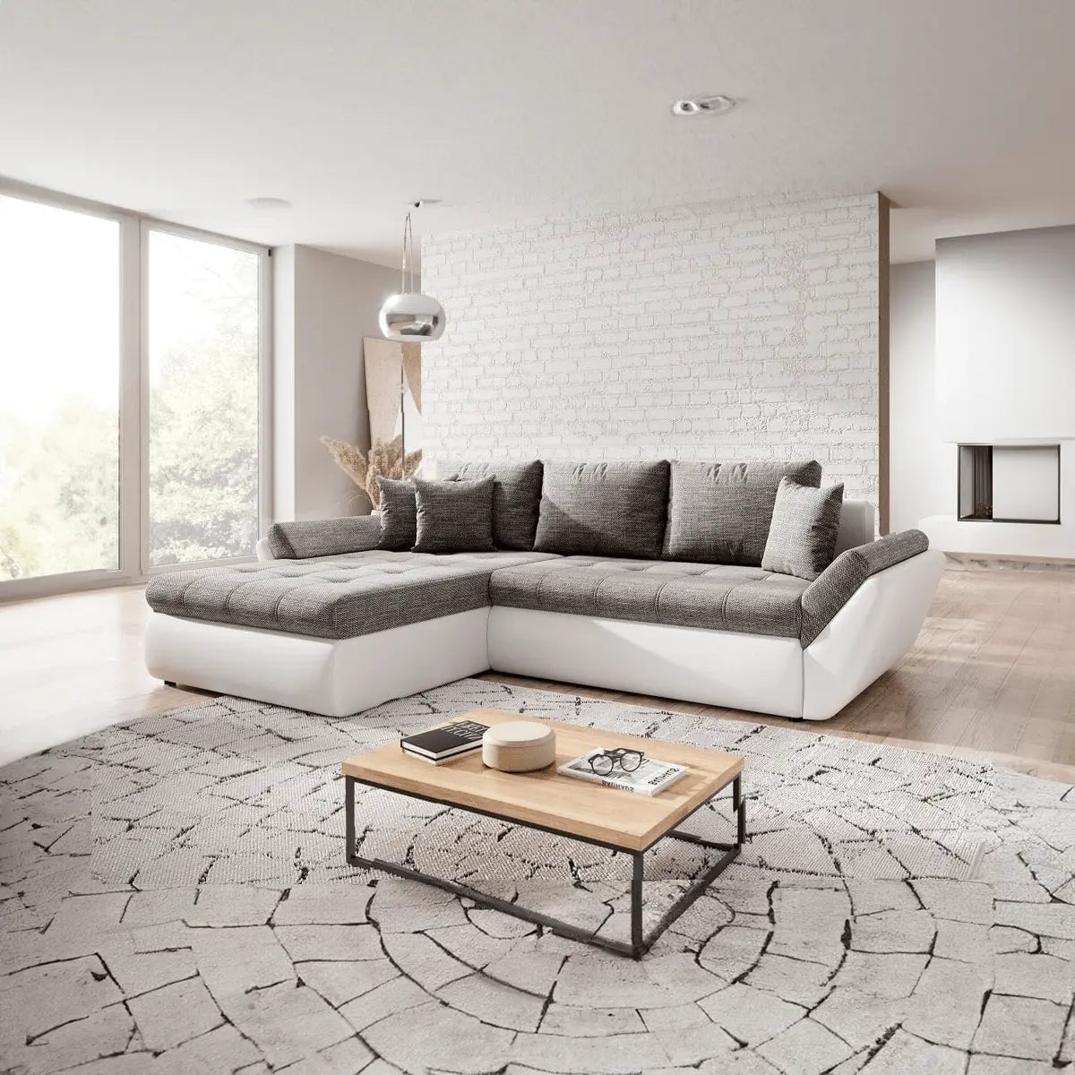 Colțar extensibil dumonde cu ladă de depozitare si sezut confortabil din spuma HR, Loana Magma White II 275x185 cm