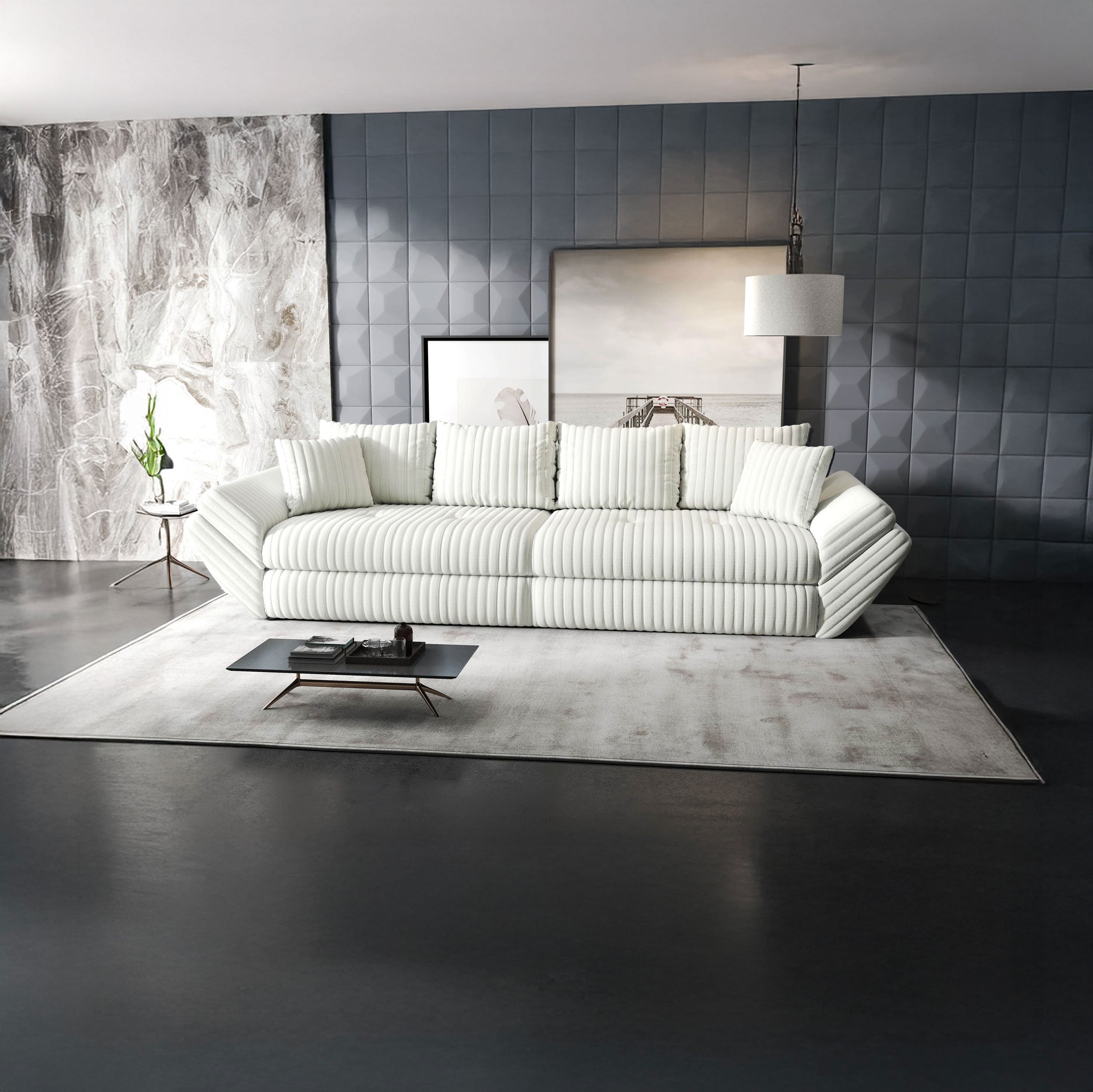 Canapea extensibilă dumonde cu ladă de depozitare si sezut confortabil din spuma HR, Loana Ambience Ivory 300x100 cm Fabrica