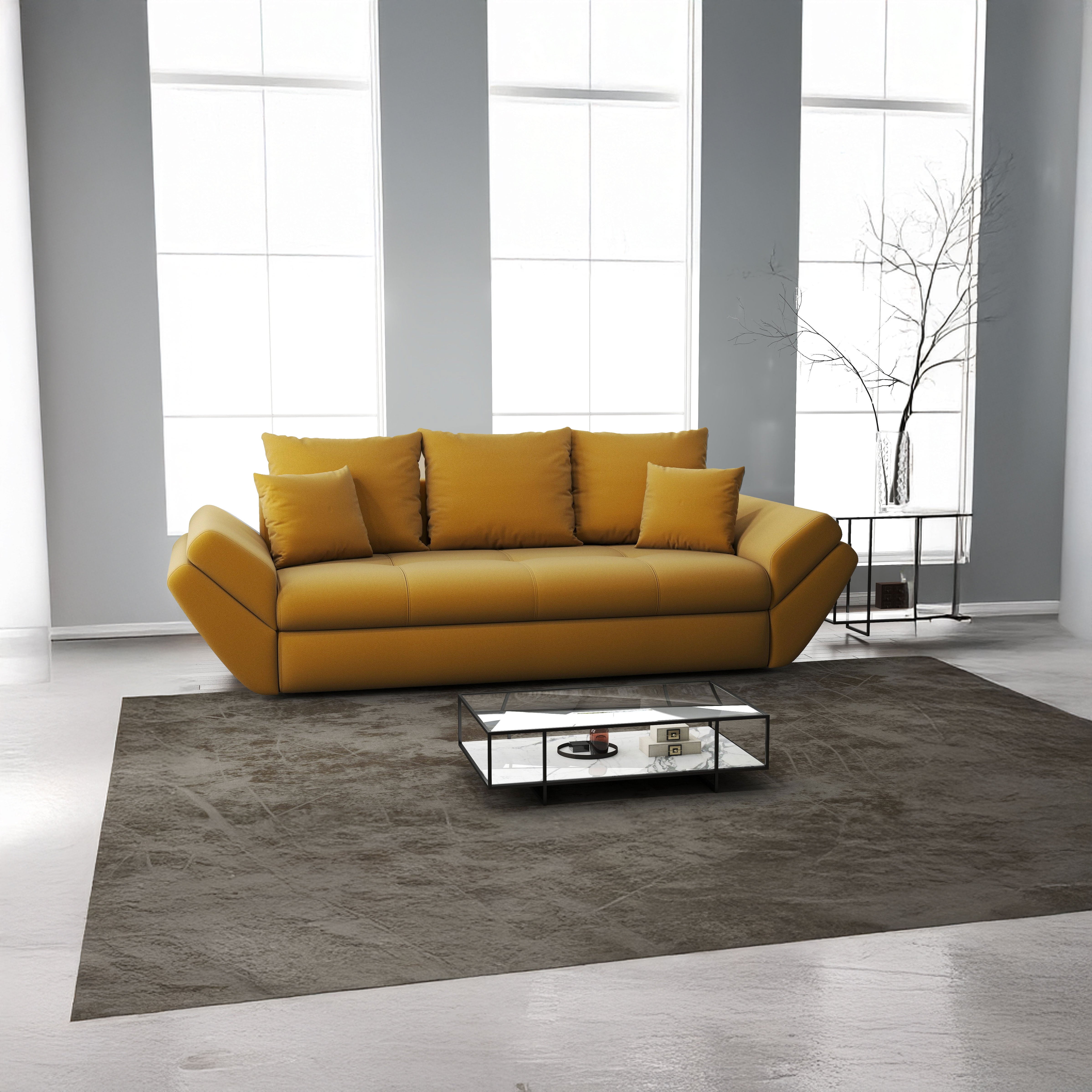 Canapea extensibilă dumonde cu ladă de depozitare si sezut confortabil din spuma HR, Loana Royal Mustar 250x100 cm Fabrica