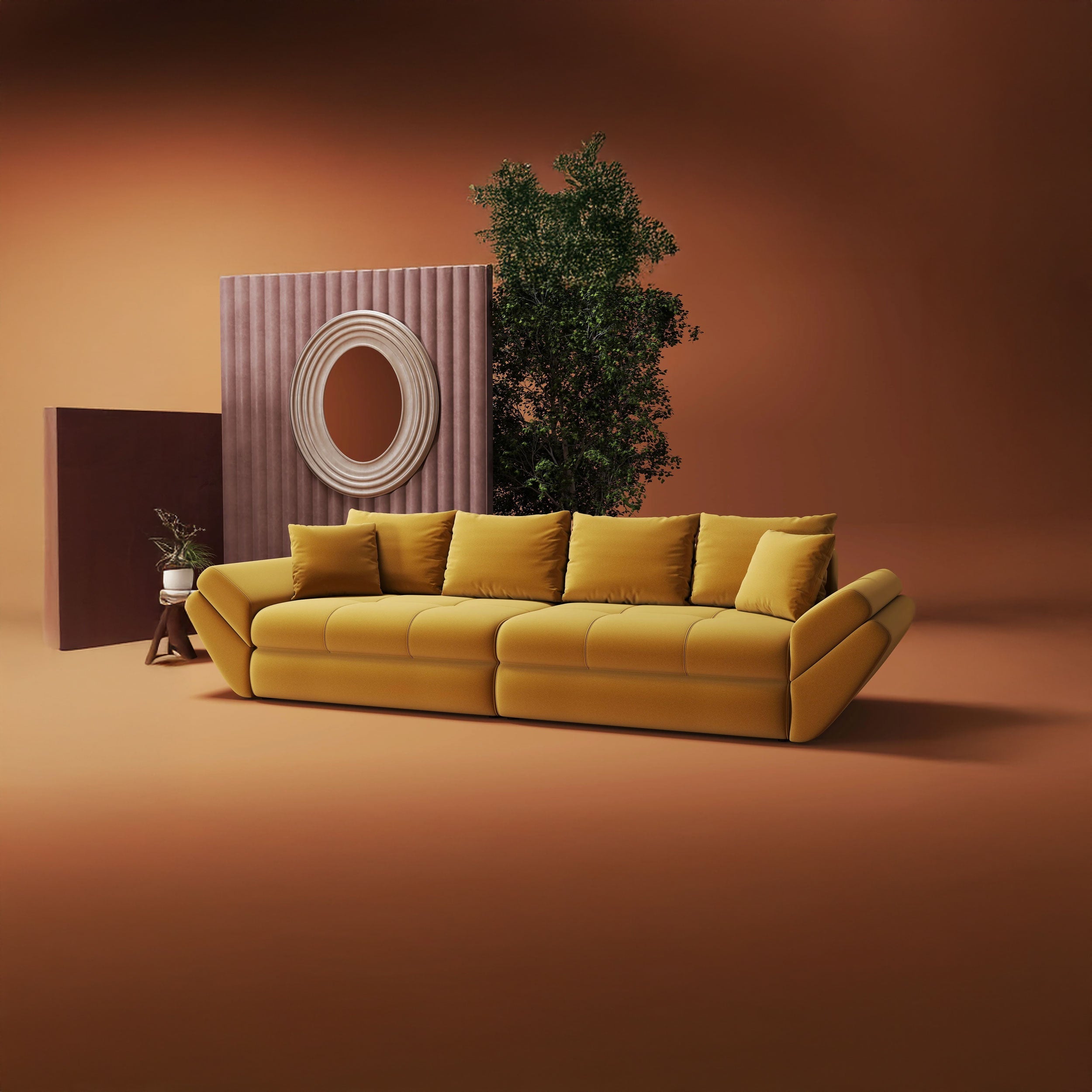 Canapea extensibilă dumonde cu ladă de depozitare si sezut confortabil din spuma HR, Loana Royal Mustar 300x100 cm Fabrica