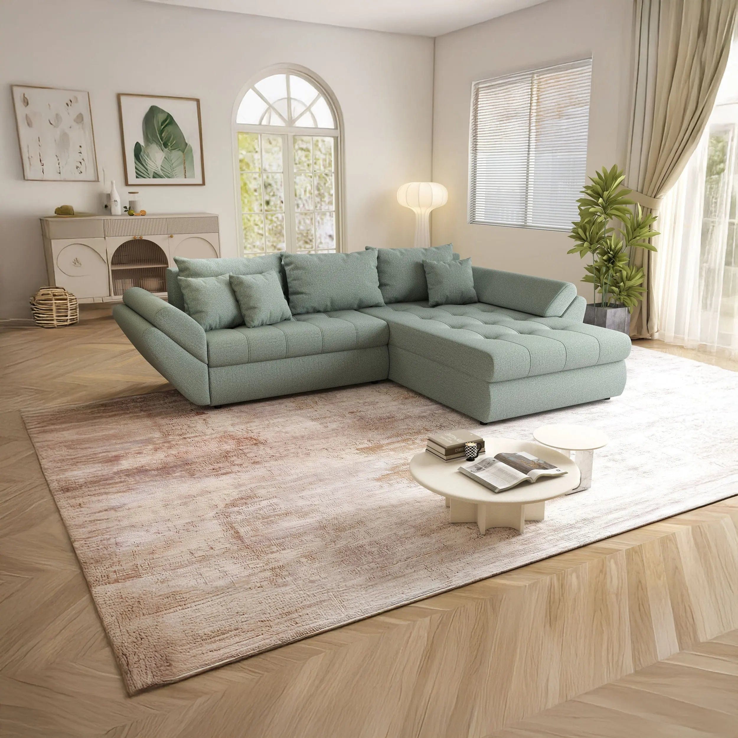 Colțar extensibil dumonde cu ladă de depozitare si sezut confortabil din spuma HR, Loana Mint II 270x185 cm Fabrica