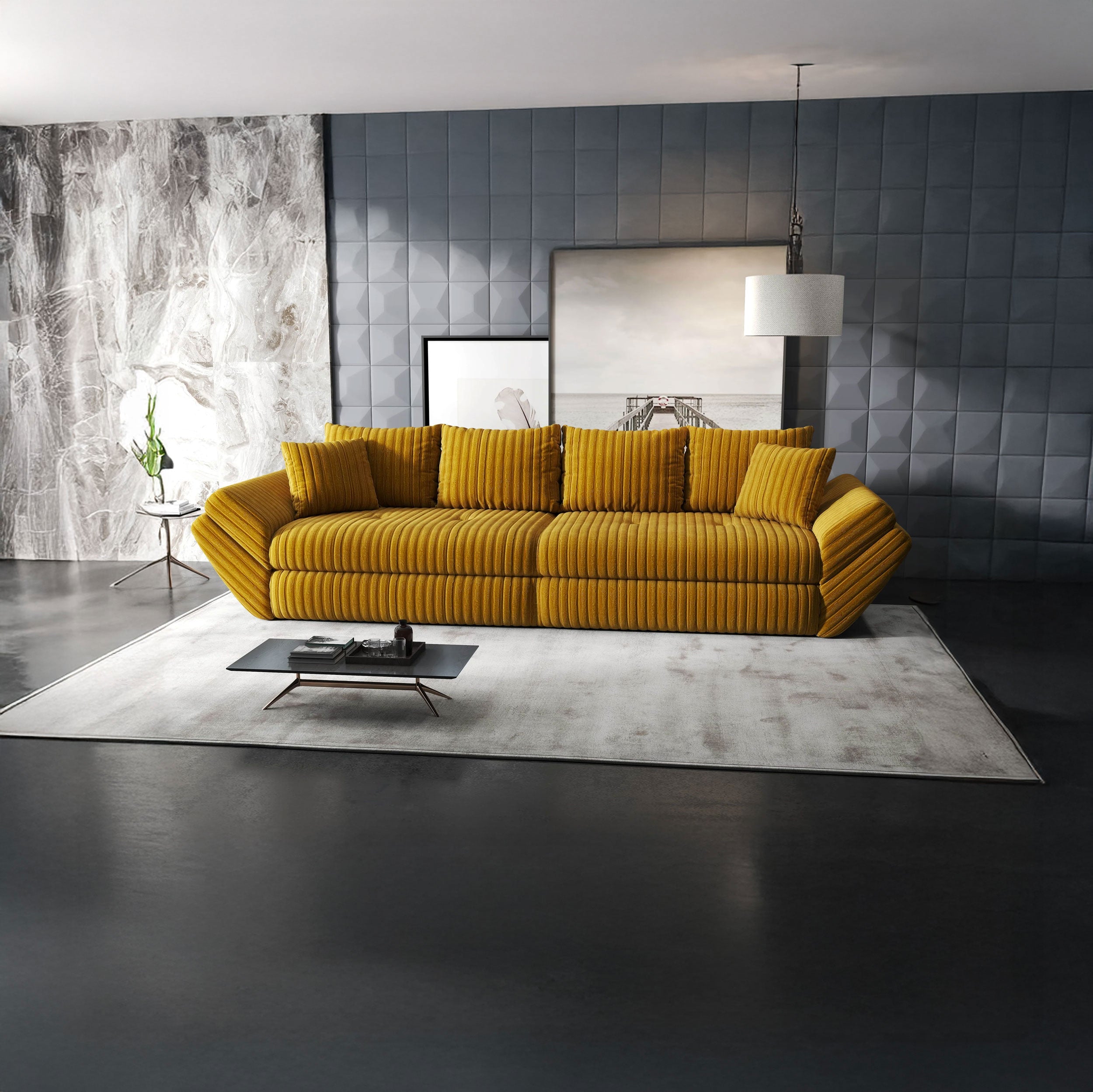 Canapea extensibilă dumonde cu ladă de depozitare si sezut confortabil din spuma HR, Loana Ambience Mustar 300x100 cm Fabrica