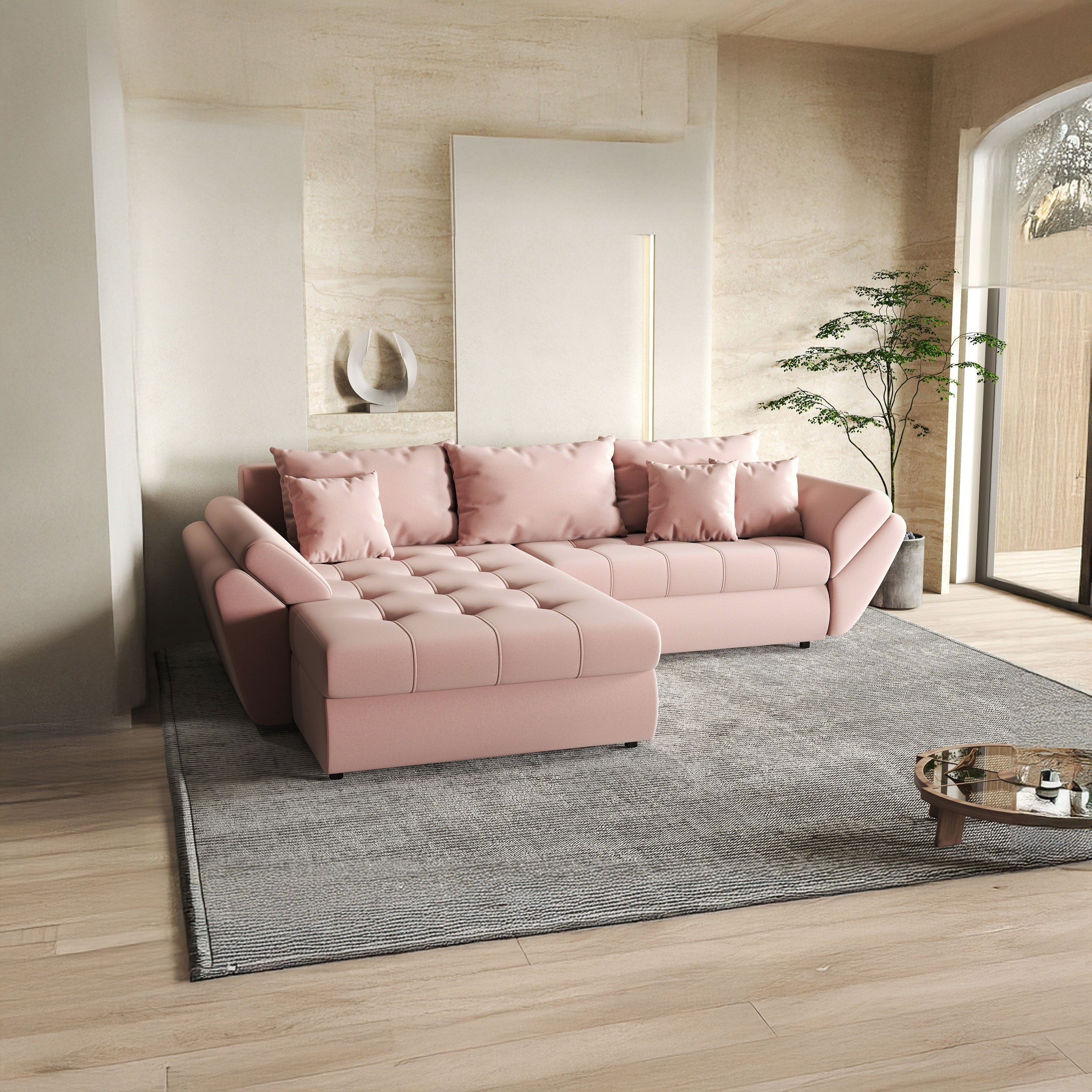 Colțar extensibil dumonde cu ladă de depozitare si sezut confortabil din spuma HR, Loana Royal Pink 270x185 cm Fabrica