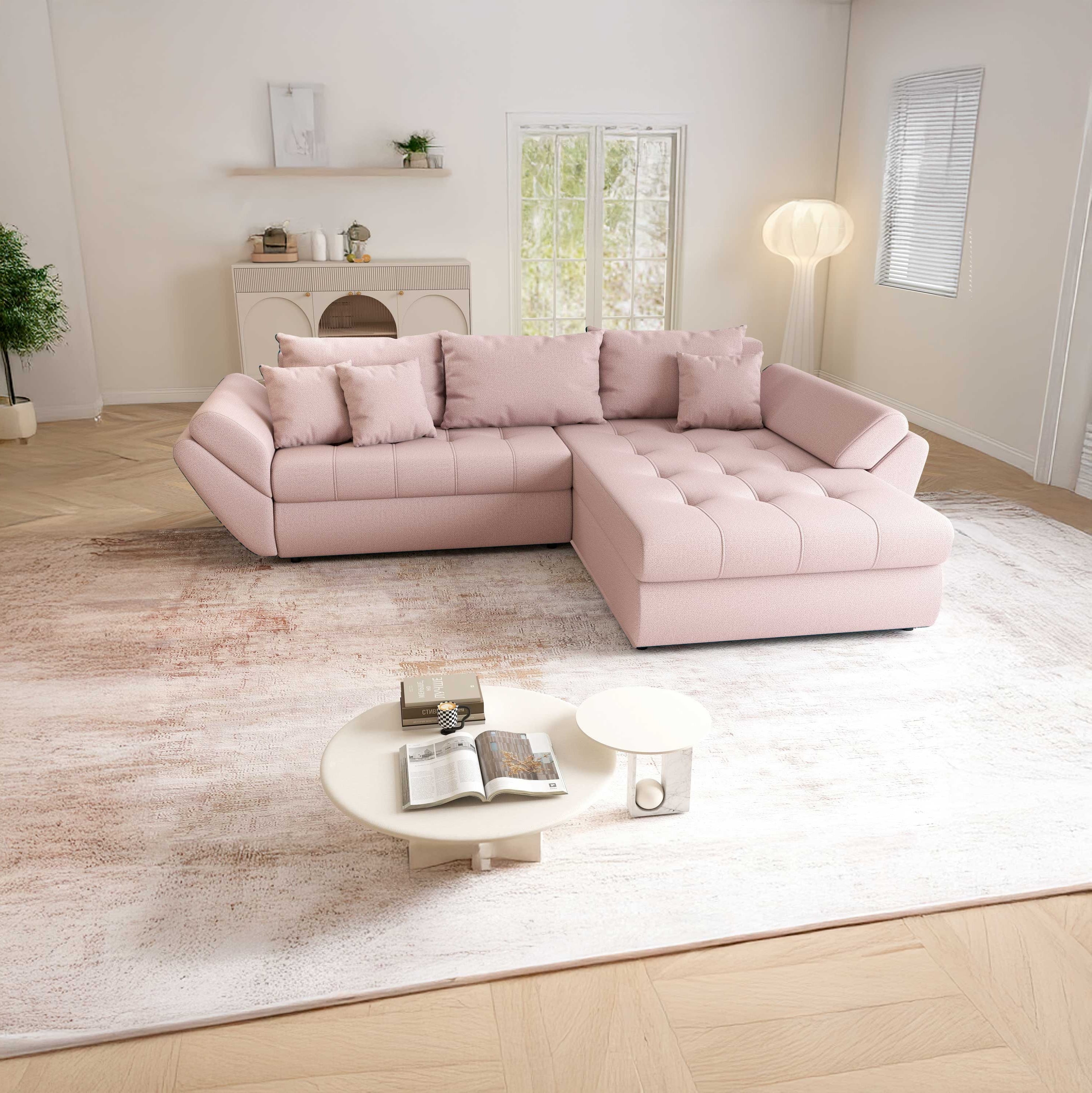 Colțar extensibil dumonde cu ladă de depozitare si sezut confortabil din spuma HR, Loana Enjoy Flamingo II 270x185 cm Fabrica