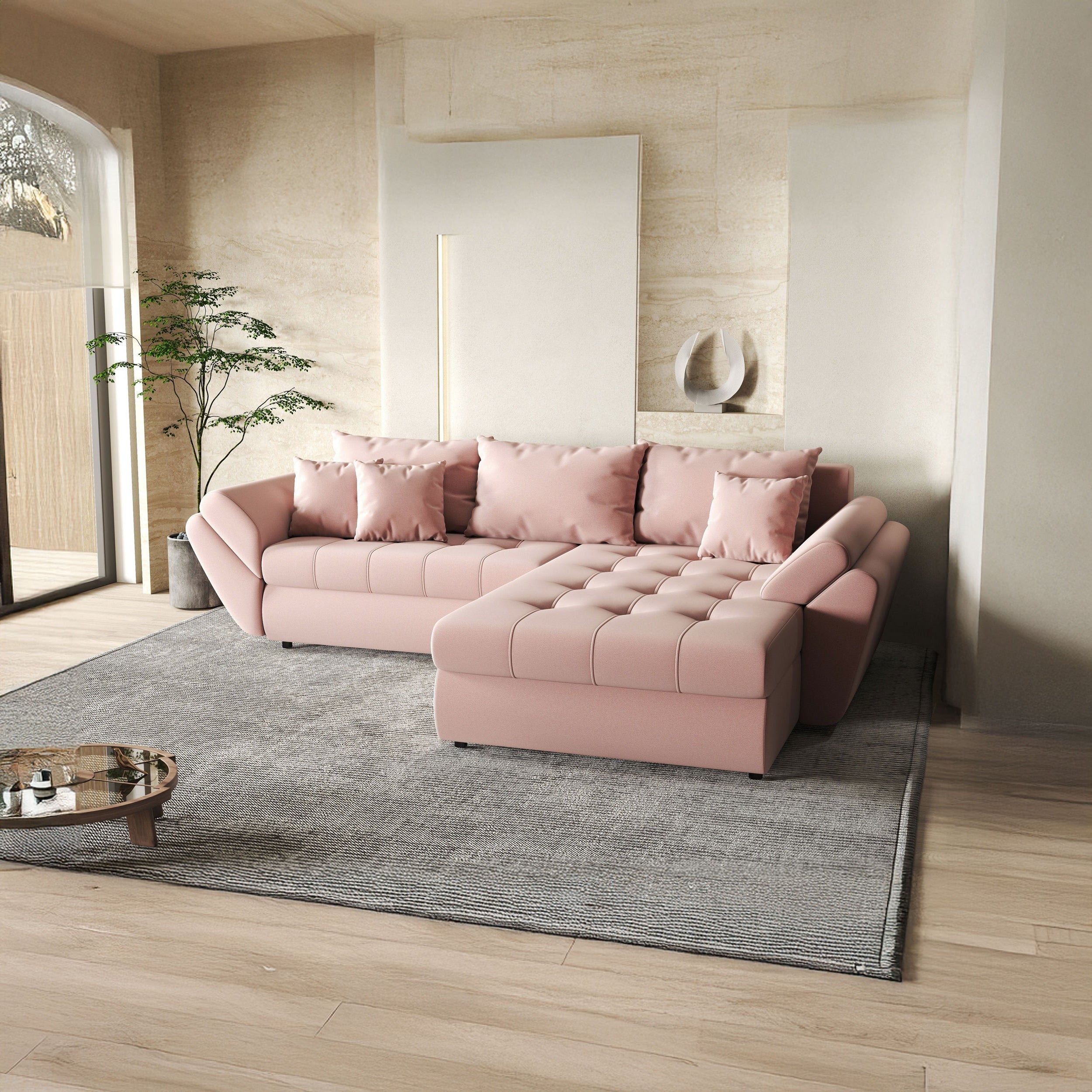 Colțar extensibil dumonde cu ladă de depozitare si sezut confortabil din spuma HR, Loana Royal Pink II 270x185 cm Fabrica