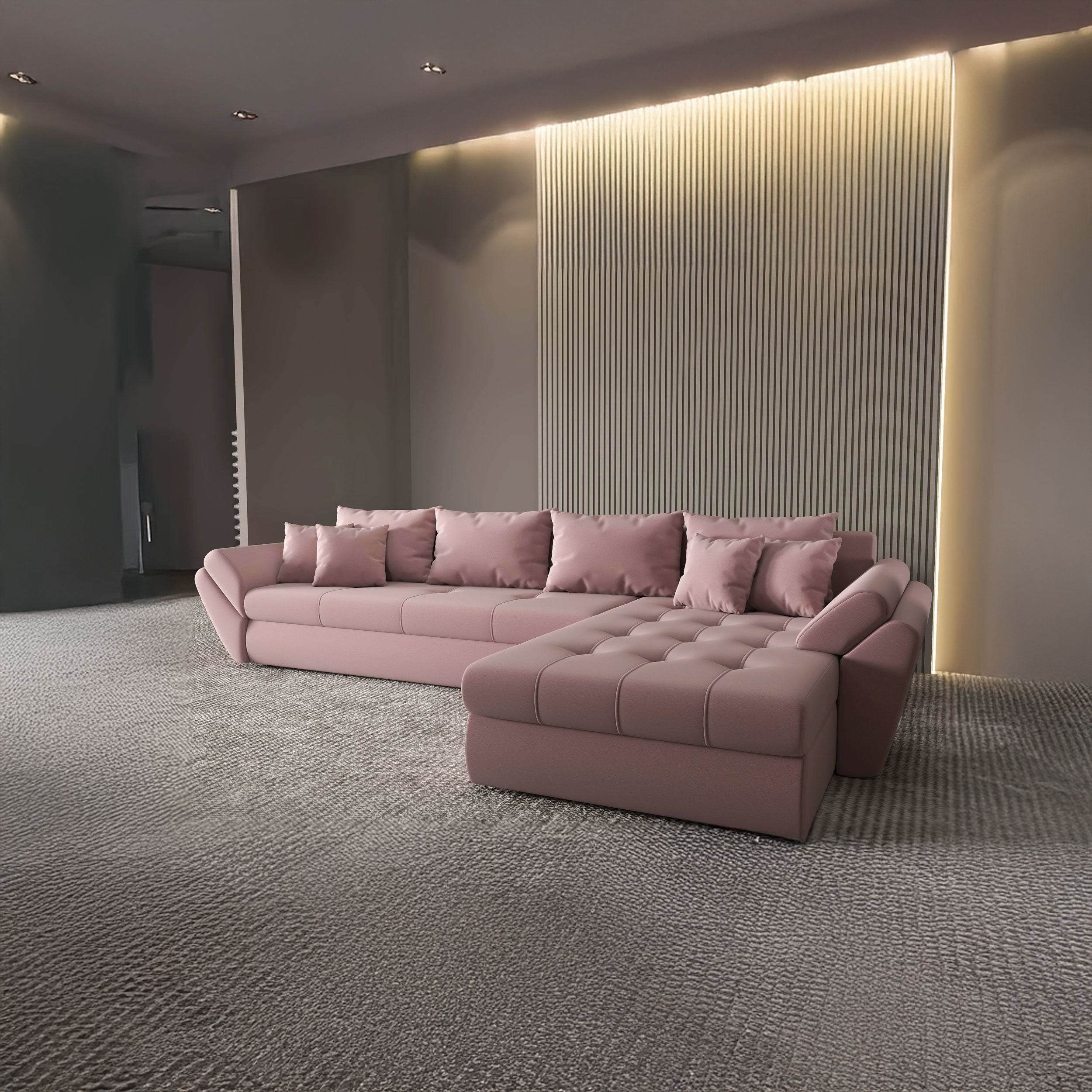 Colțar extensibil dumonde cu ladă de depozitare si sezut confortabil din spuma HR, Loana XL Royal Roz II 335x185 cm Fabrica