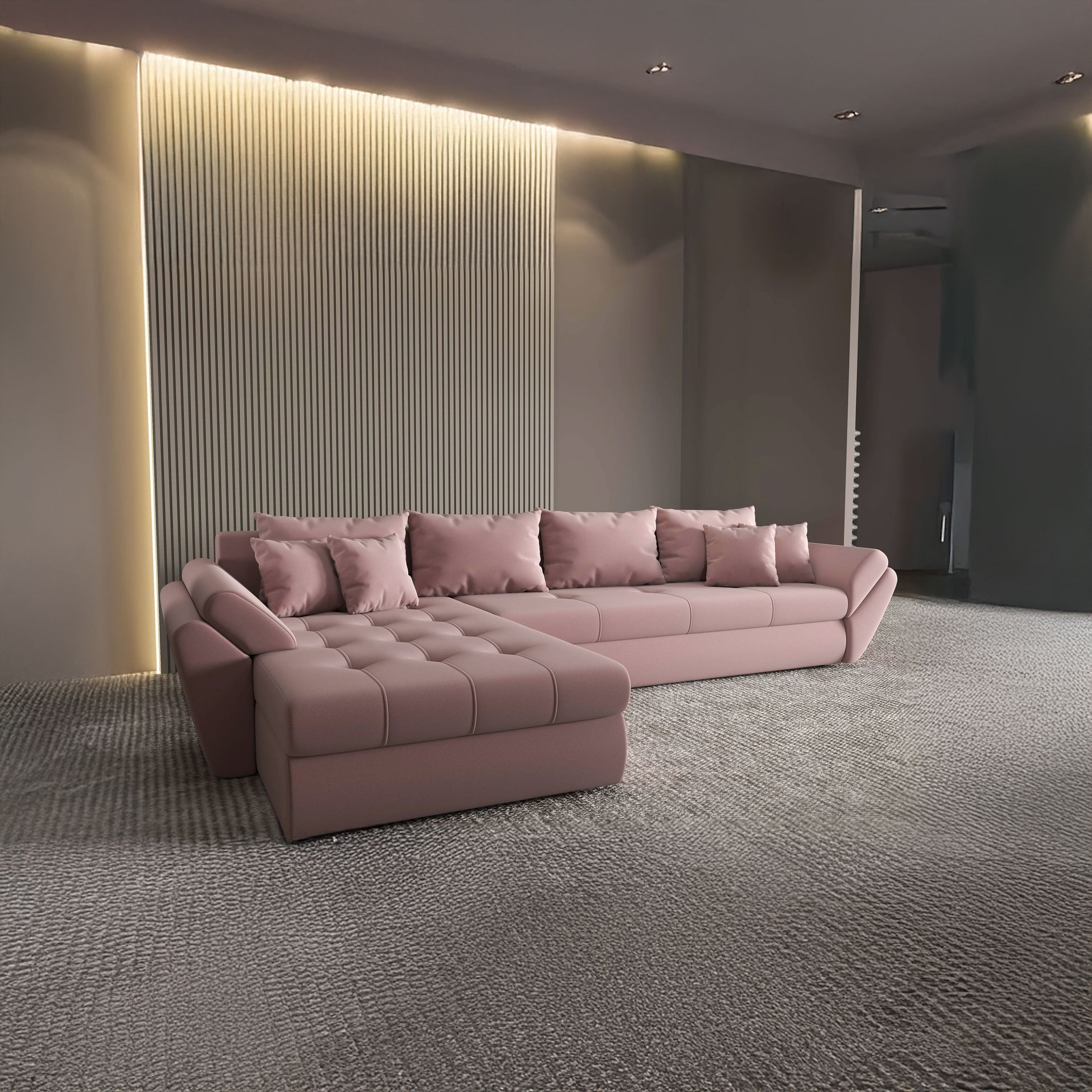 Colțar extensibil dumonde cu ladă de depozitare si sezut confortabil din spuma HR, Loana XL Royal Roz 335x185 cm Fabrica