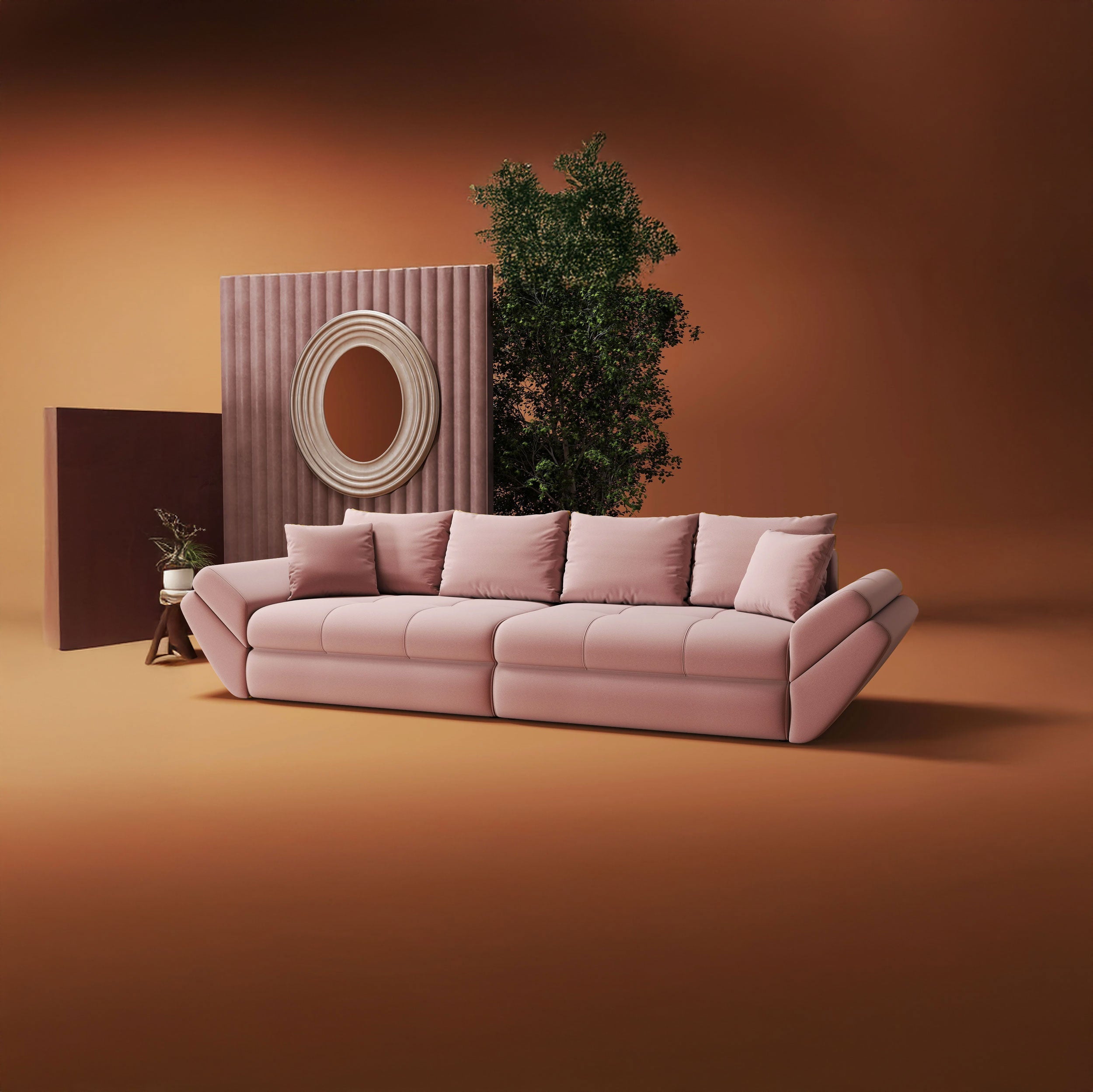 Canapea extensibilă dumonde cu ladă de depozitare si sezut confortabil din spuma HR, Loana Royal Roz 300x100 cm Fabrica