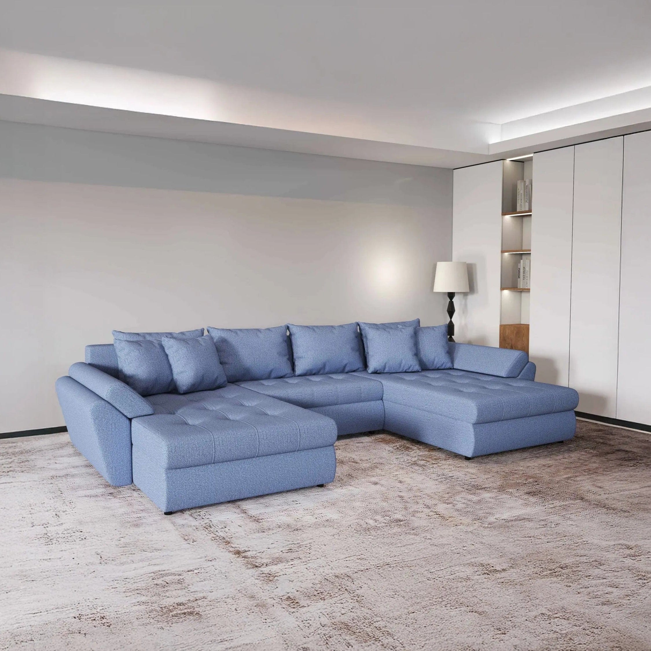 Colțar extensibil dumonde cu ladă de depozitare si sezut confortabil din spuma HR, Loana Blue U 355x185 cm Fabrica