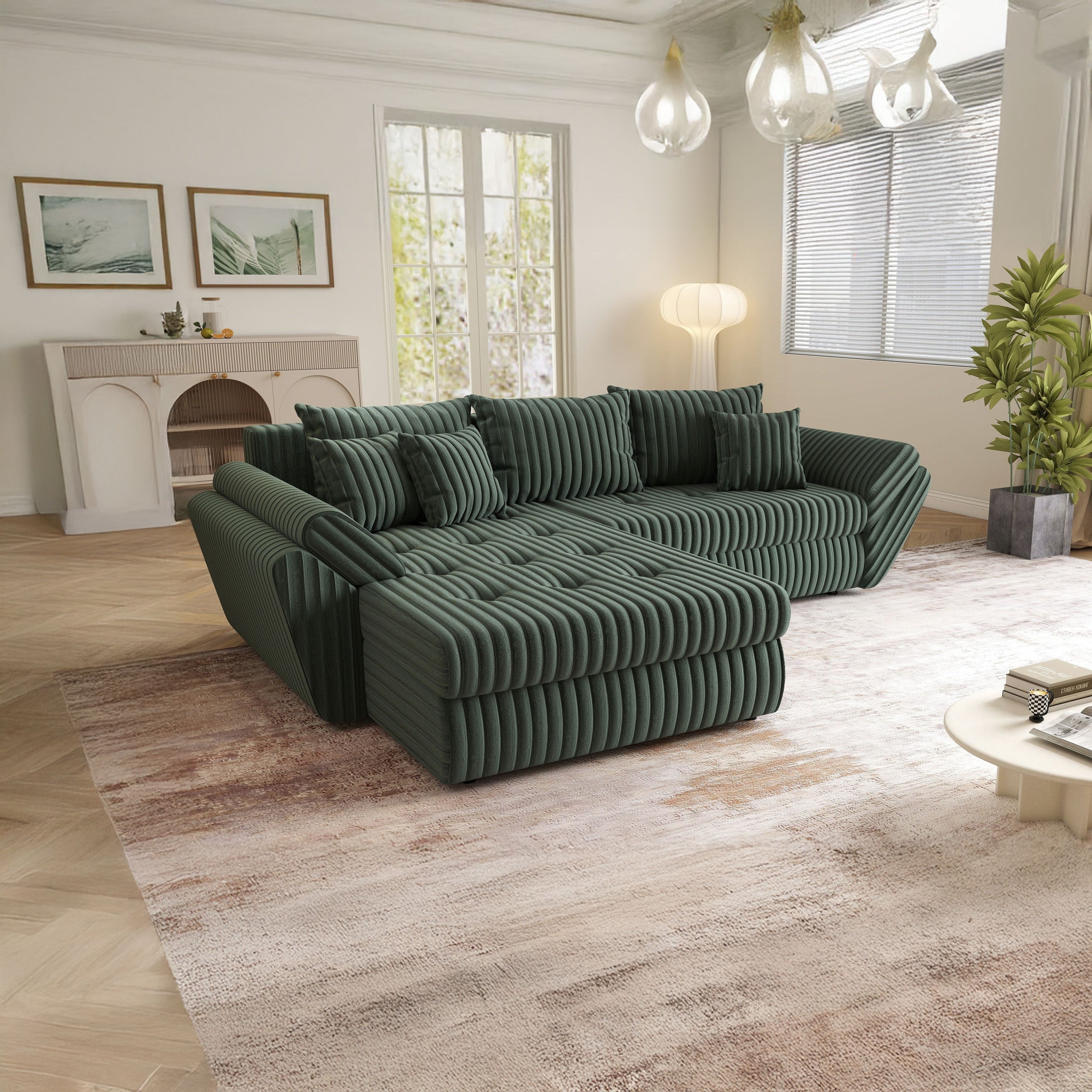 Colțar extensibil dumonde cu ladă de depozitare si sezut confortabil din spuma HR, Loana Ambience Green 270x185 cm Fabrica